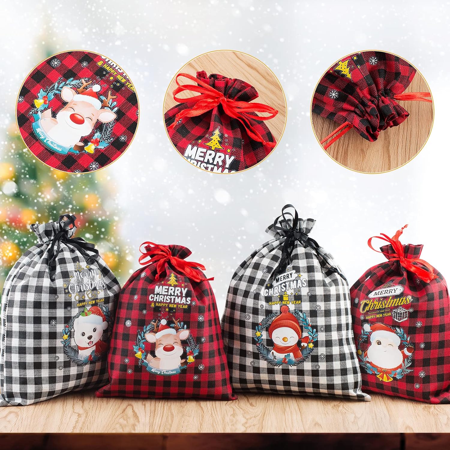Paquete de 8 bolsas de regalo de varios tamaños, a cuadros de búfalo y patrones de Navidad, bolsas de regalo con cordones de Navidad, bolsas de