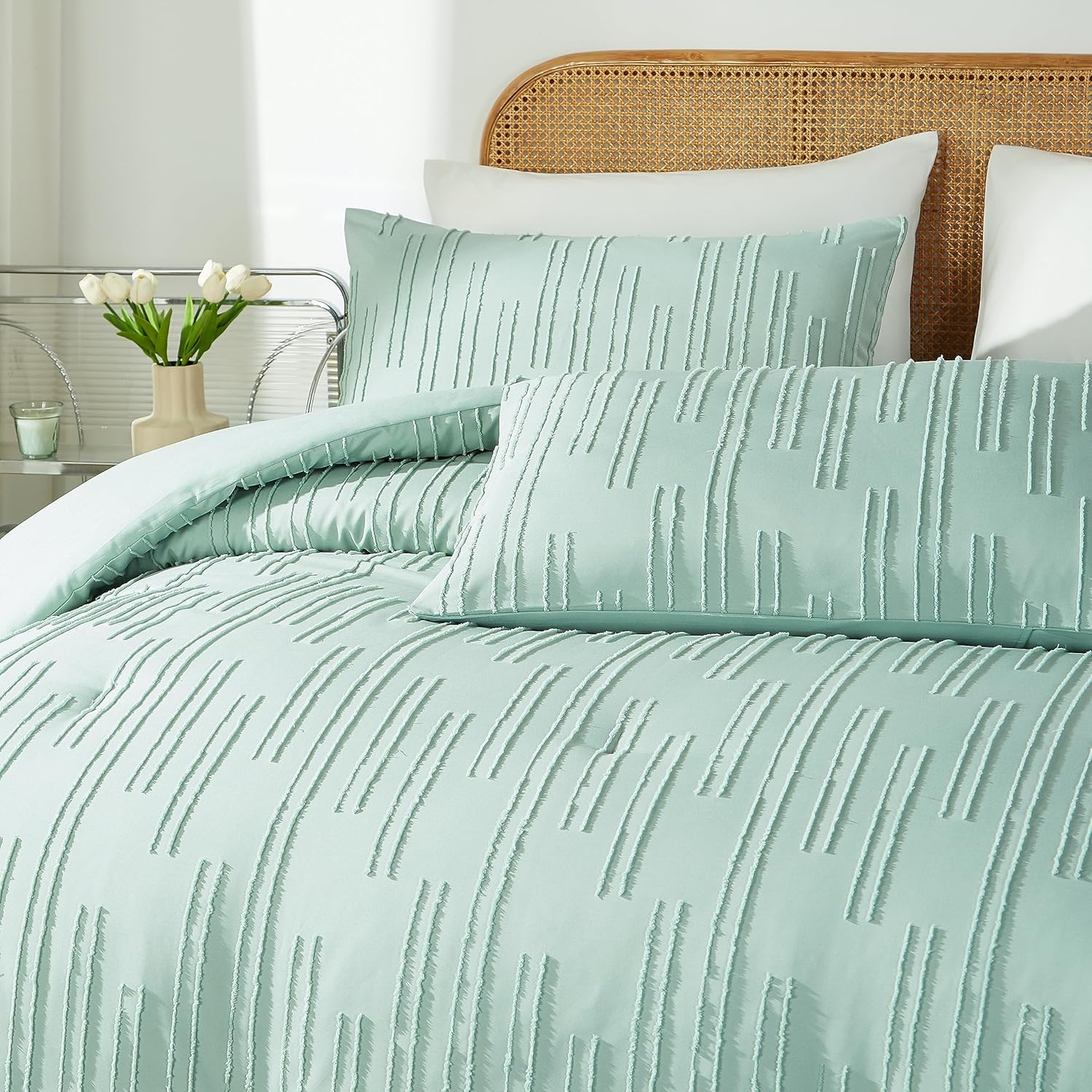 Juego de edredón de tamaño Queen de color verde salvia, para cama Queen, estilo rústico, bohemio, esponjoso, ligero, con flores, plantas, para todas