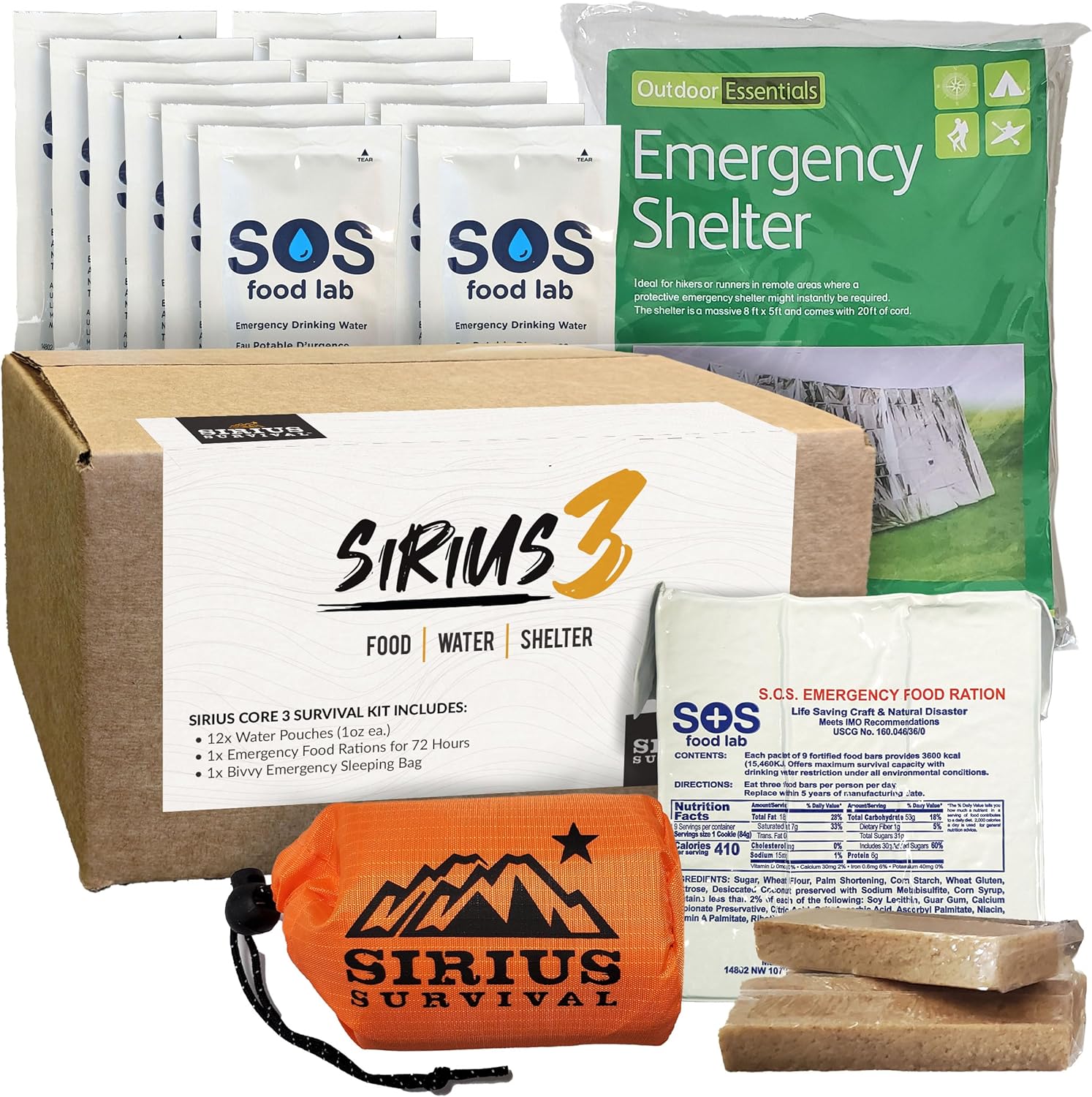 El kit de supervivencia Sirius 3 y preparación para emergencias – Alimentos, agua y refugio durante 72 horas – 5 años de vida útil