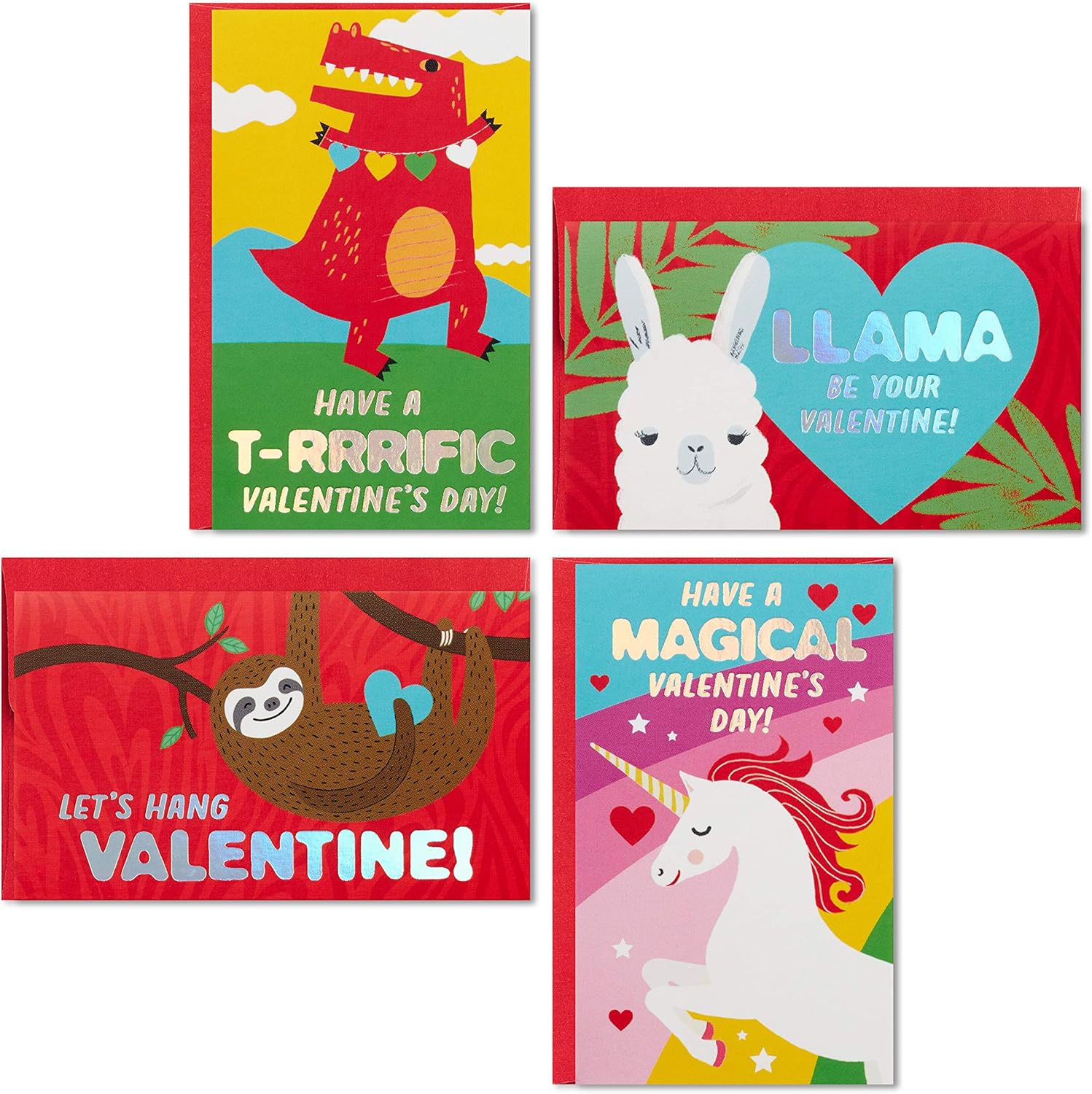 Hallmark – Mini tarjetas de San Valentín para niños, 32 tarjetas con sobres (diseños de llama, perezoso, dinosaurio, unicornio)