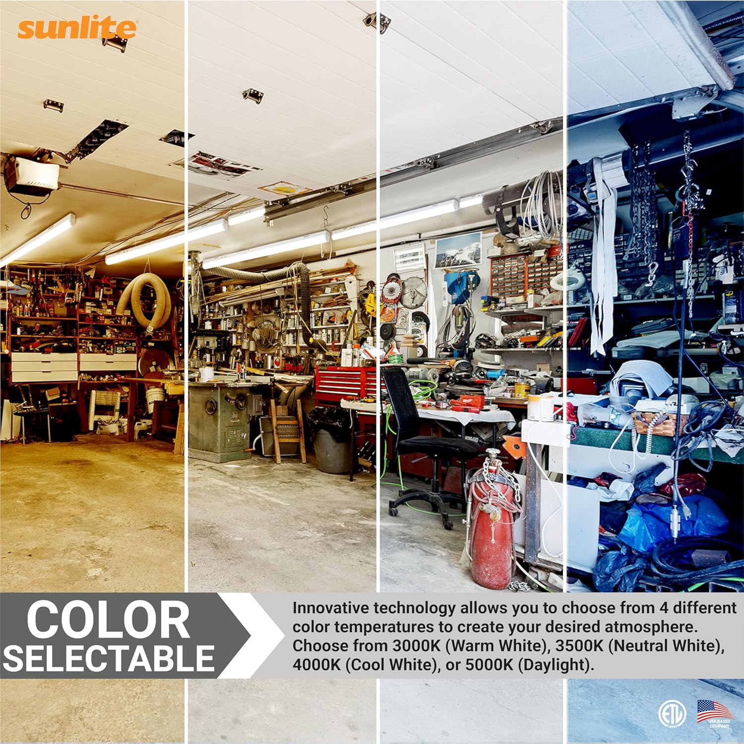 Sunlite 85467 – Tira de luz LED de 4 pies, seleccionable de potencia 25 W30 W40 W, multivoltio, 325039005200 lúmenes, seleccionable por color