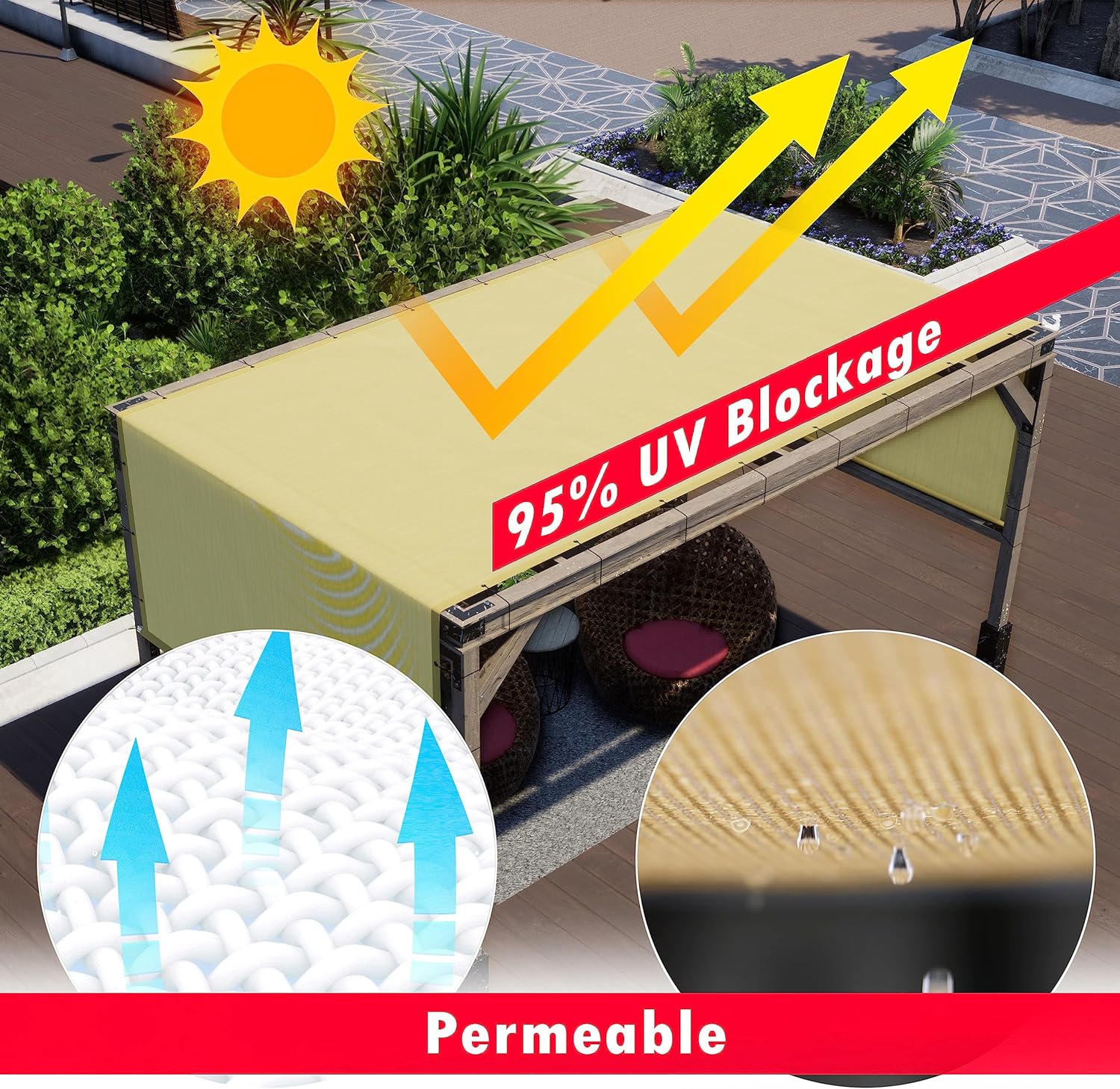 ShadeMart Cubierta de pérgola gris de 8 pies de ancho x 12 pies de largo, con varillas y ojales de acero inoxidable con peso de acero inoxidable,