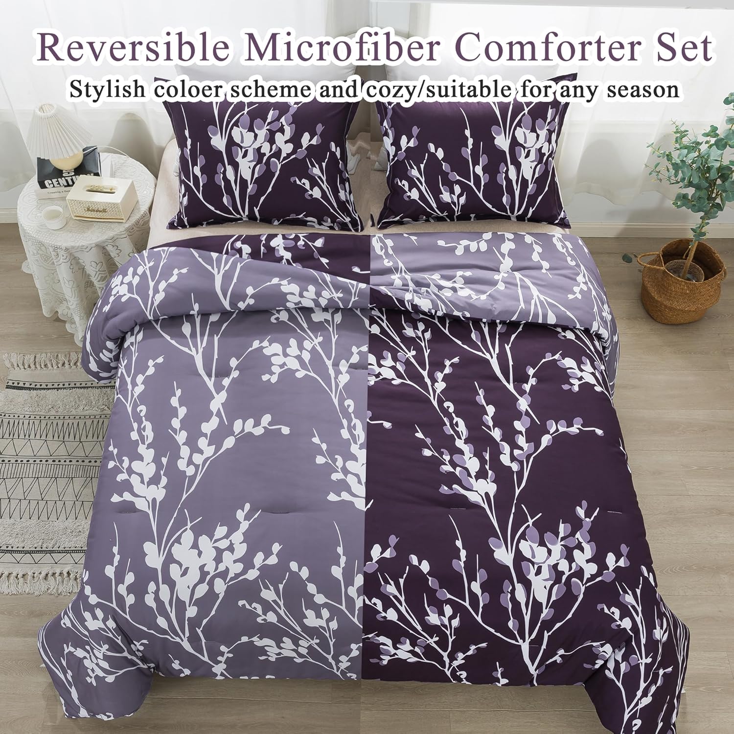Andency Juego de edredón morado tamaño matrimonial (79 x 90 pulgadas)  Juego de cama reversible de 3 piezas de microfibra suave y ligera con ramas