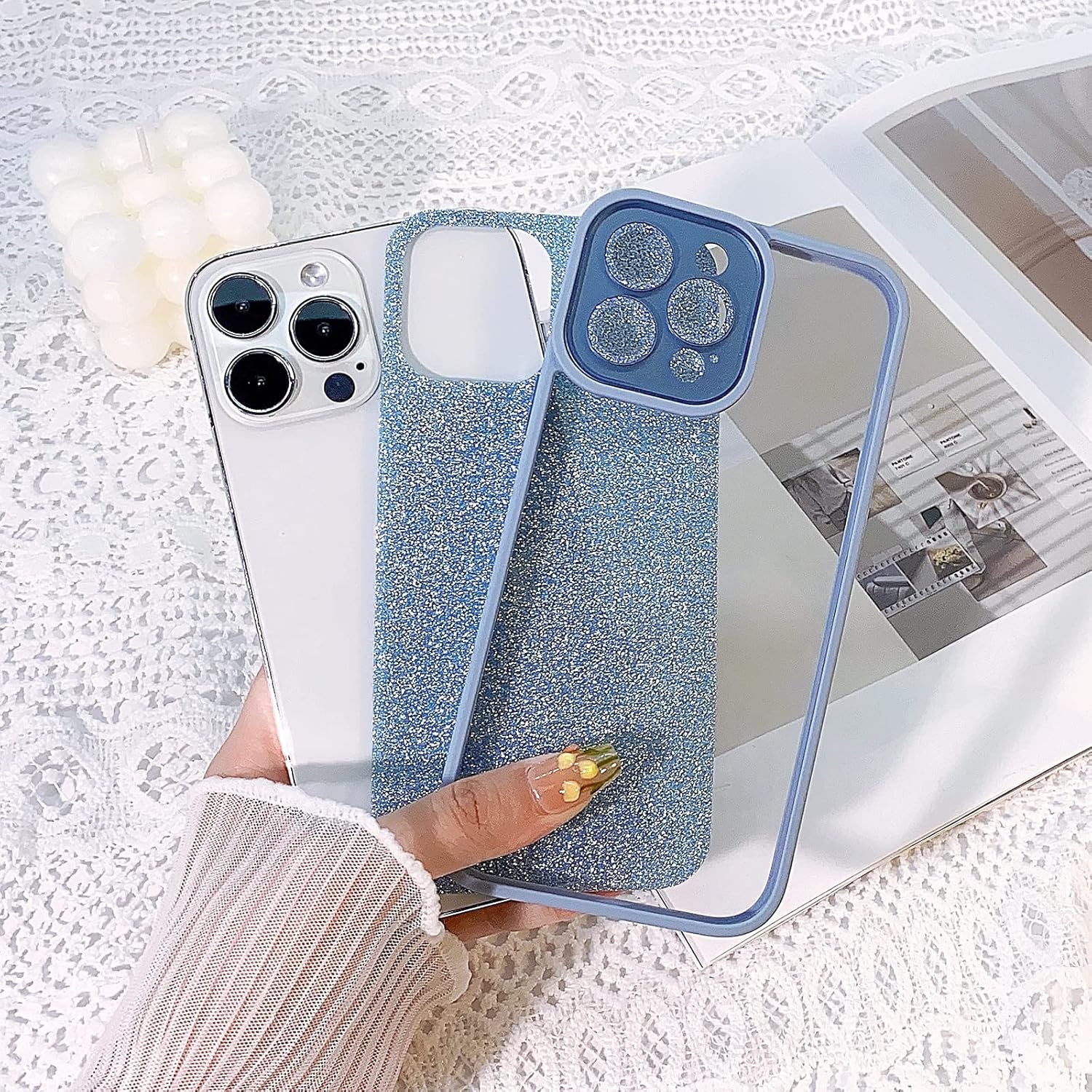 NITITOP Funda compatible con iPhone 13 Pro Max con brillantina, lente de diamante de lujo para niñas y mujeres, patrón de hardware, silicona, PC con