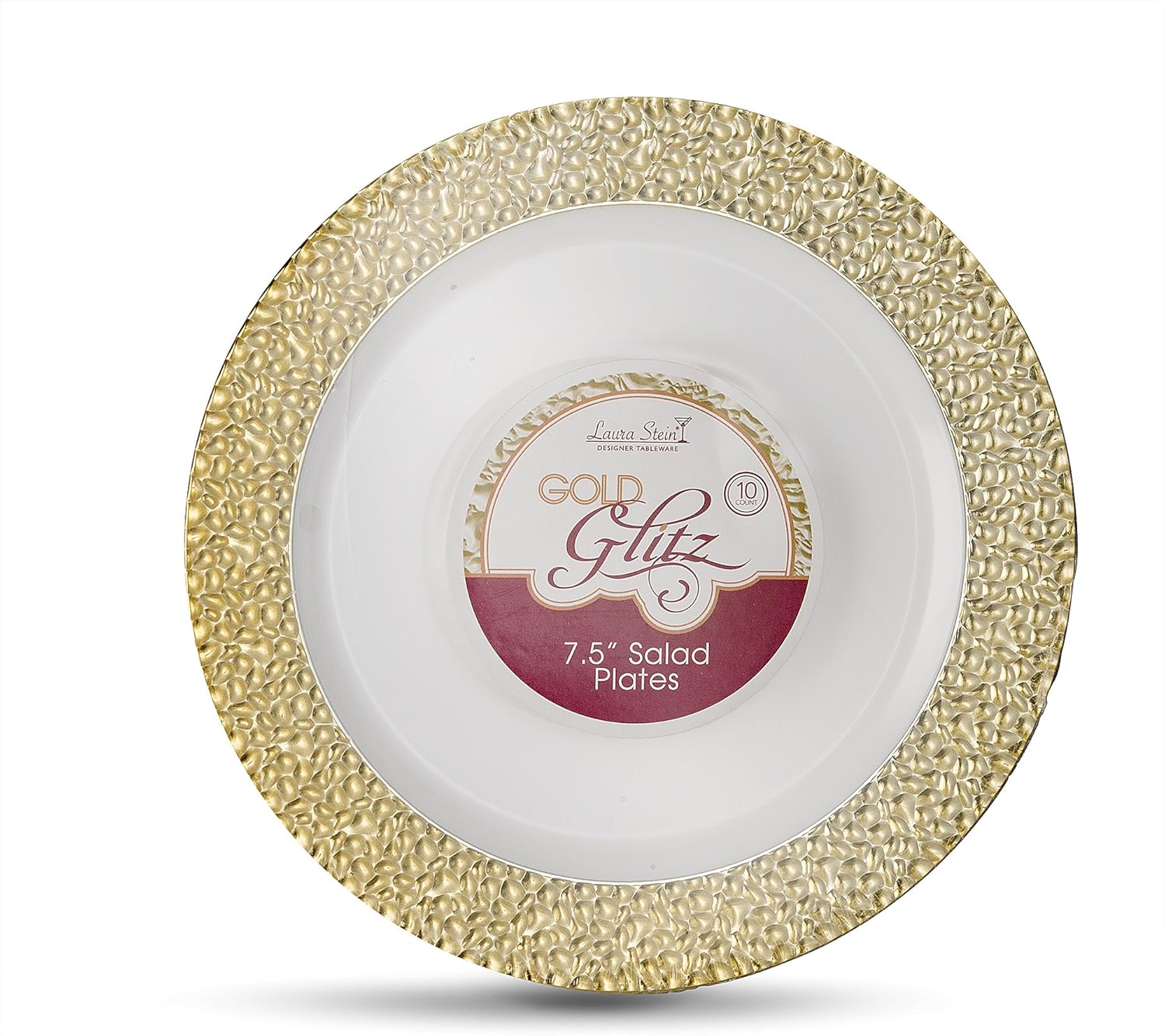 Laura Stein – 16 platos de 7 pulgadas – Vajilla de diseñador de plástico pesado de alta calidad, platos de ensalada con borde dorado, plato de