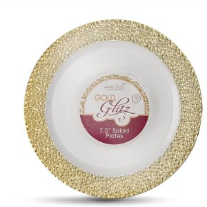 Laura Stein – 16 platos de 7 pulgadas – Vajilla de diseñador de plástico pesado de alta calidad, platos de ensalada con borde dorado, plato de Laura Stein – 16 platos de 7 pulgadas – Vajilla de diseñador de plástico pesado de alta calidad, platos de ensalada con borde dorado, plato de