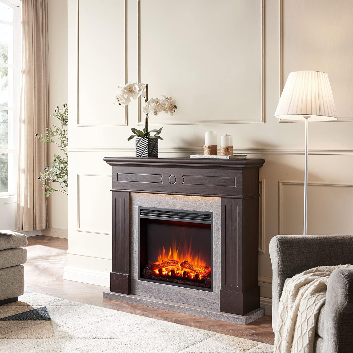 LegendFlame Suite Chimenea Alton, mantel envolvente de 43 pulgadas, roble espresso con acabado de mármol gris claro, con inserto de chimenea