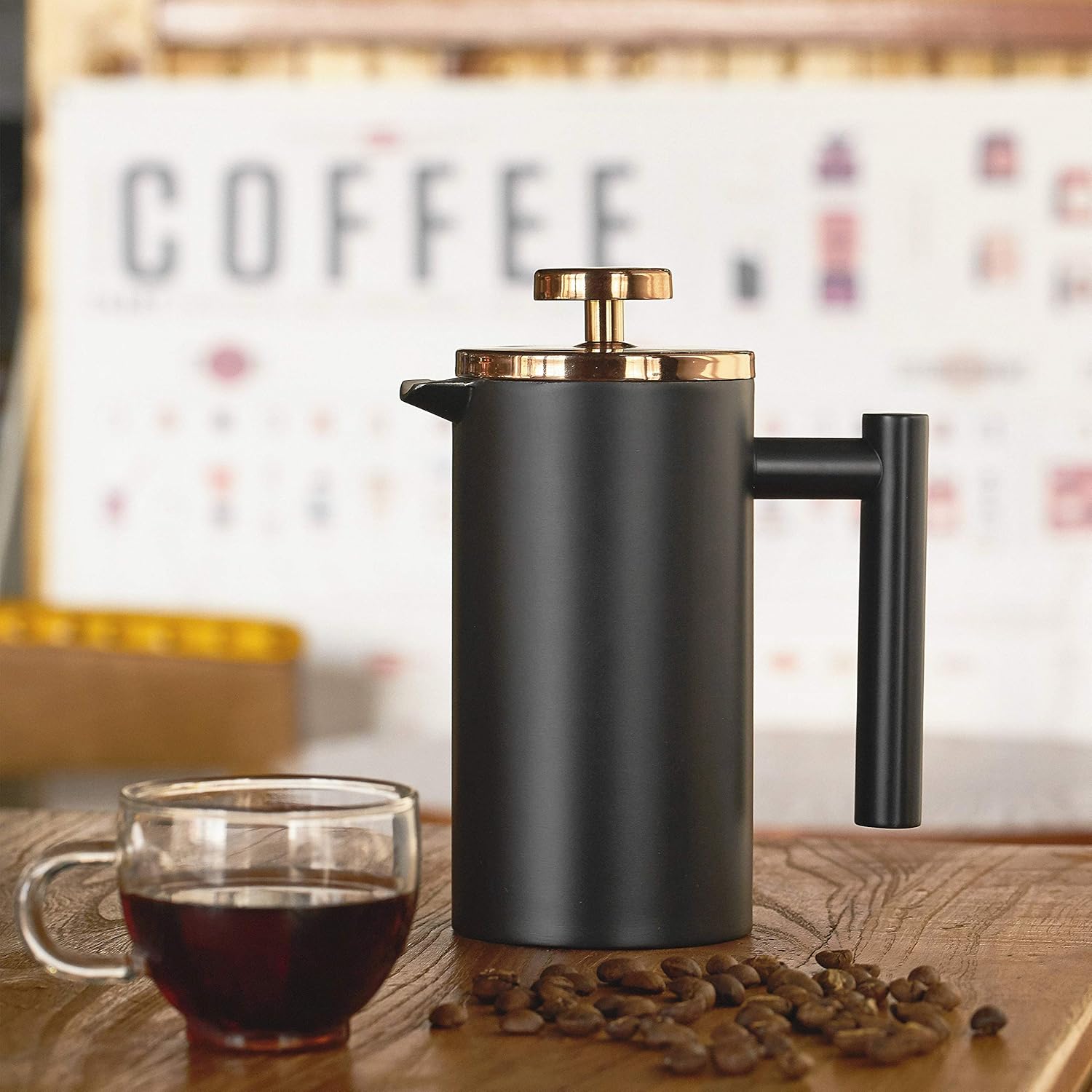 Meelio Cafetera de prensa francesa negra de 12 onzas, prensa de café aislada de doble pared de acero inoxidable con tapa de metal oro rosa, incluye