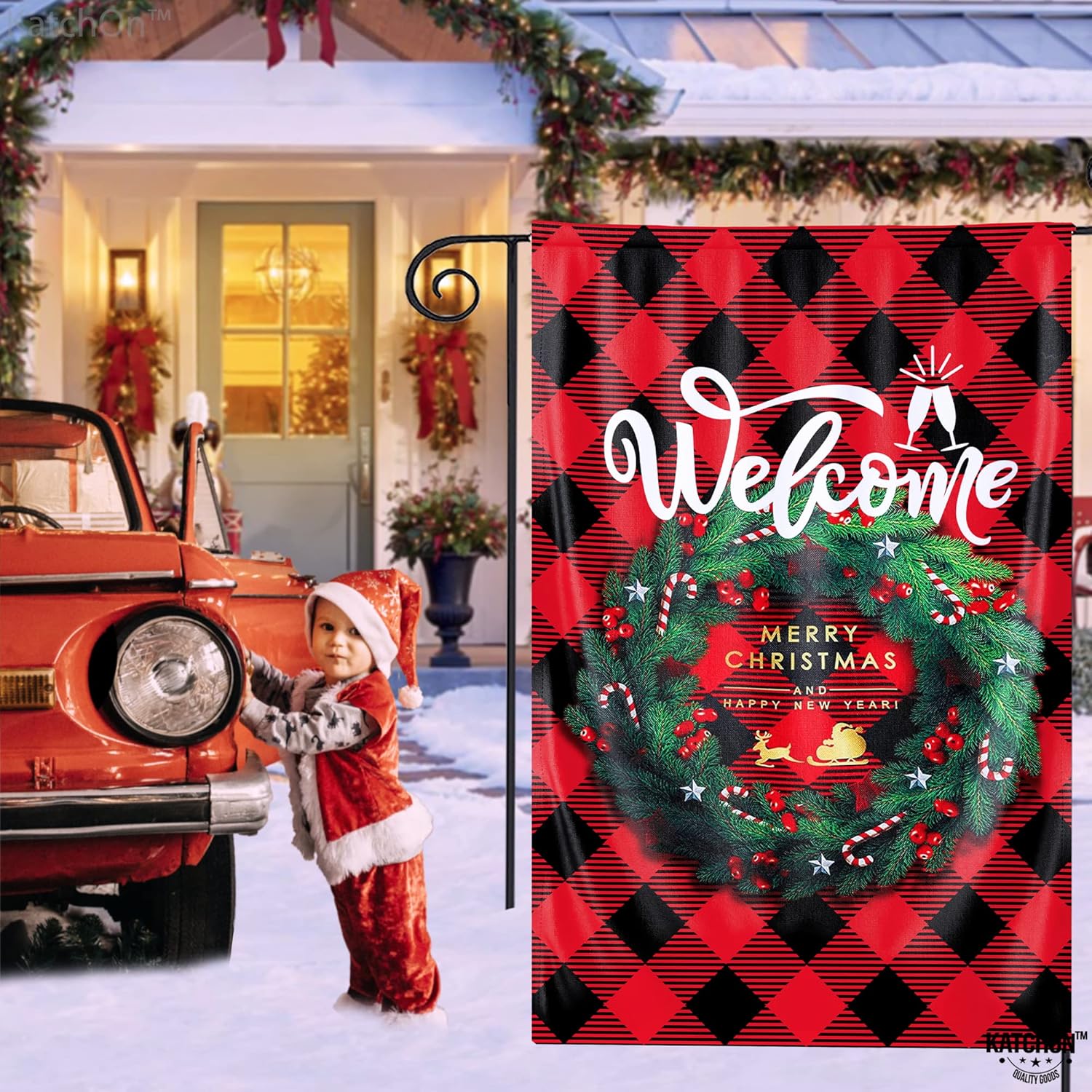 KatchOn, Bandera grande de bienvenida de Navidad para patio, 28 x 40 pulgadas, doble cara, bandera de feliz Navidad y feliz año nuevo, bandera de