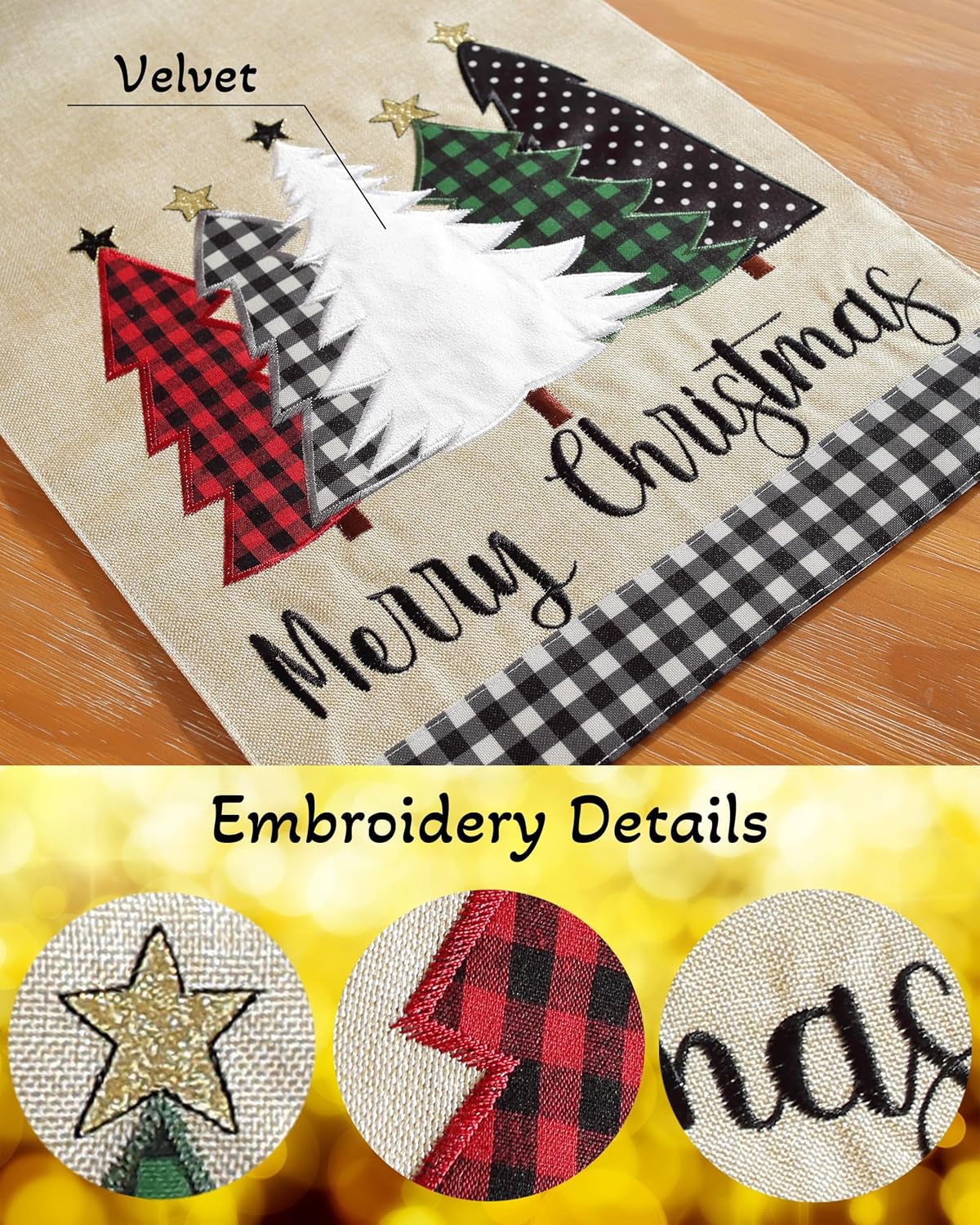 Camino de mesa de Navidad de 70 pulgadas de largo con bordado de búfalo a cuadros, patrón de árboles de Navidad de lino, decoración de Navidad para