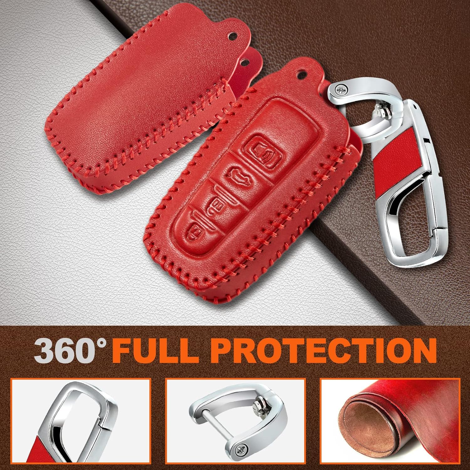 Funda de cuero para llavero de Toyota para Camry 4 botones, funda de cuero+anillo en D+gancho Futi, Rojo –