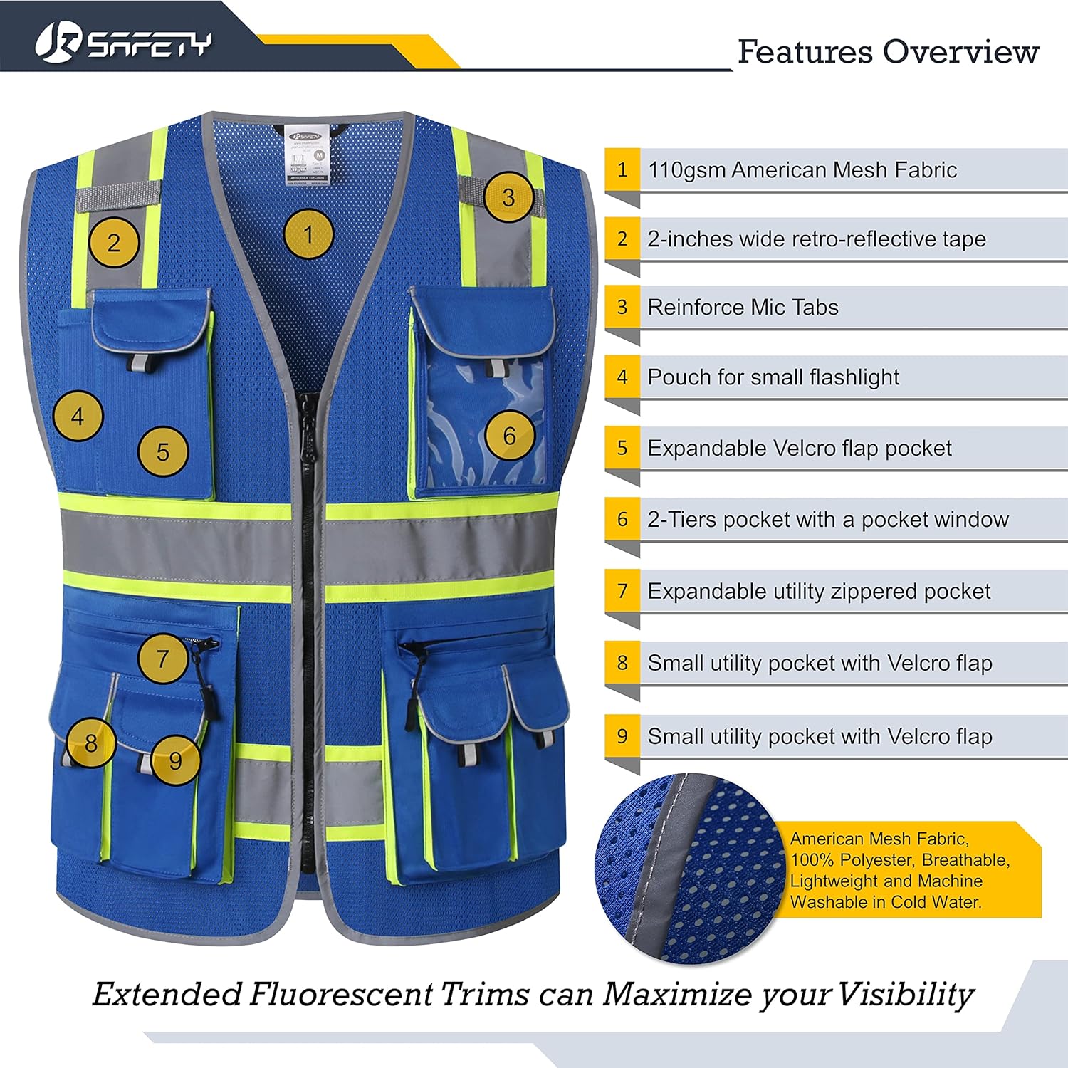 JKSafety Chaleco de seguridad de malla con cremallera frontal de color neón de alta visibilidad de 10 bolsillos para hombres y mujeres, utilidad de