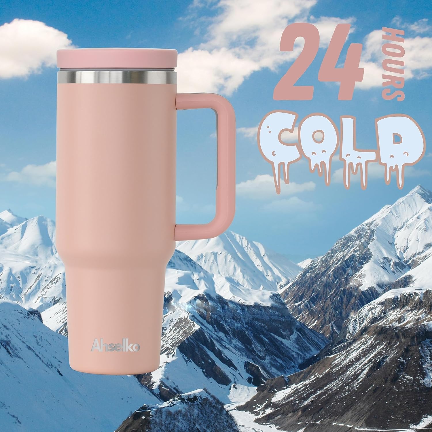 Refresh – Vaso de 40 onzas con asa y tapa con popote para agua, café o té helado, batido y más, botella de agua de acero inoxidable aislada al
