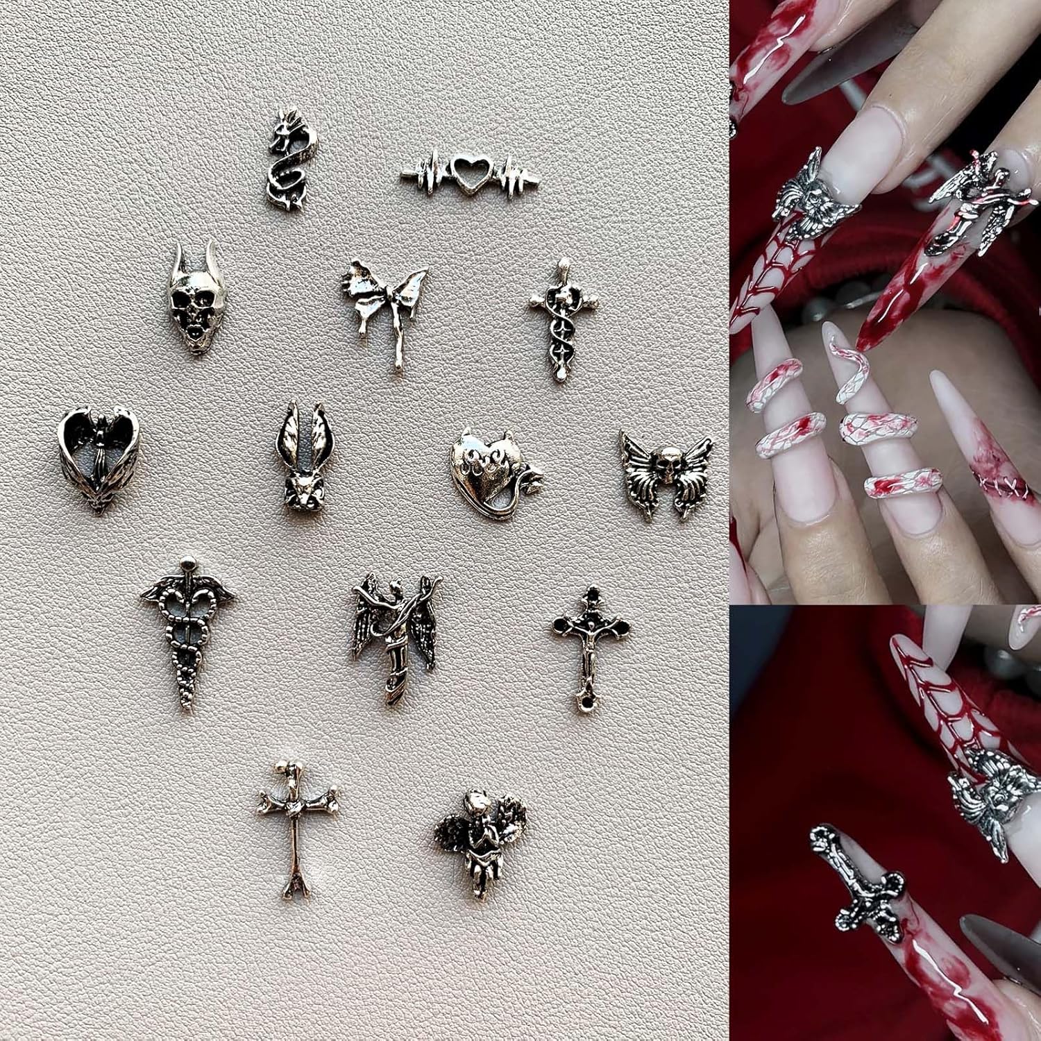 130 dijes de uñas de metal plateado 3D Y2K para uñas cromadas y accesorios de pulsera punk, aleación vintage, mariposa, cruz, corazón, cráneo,