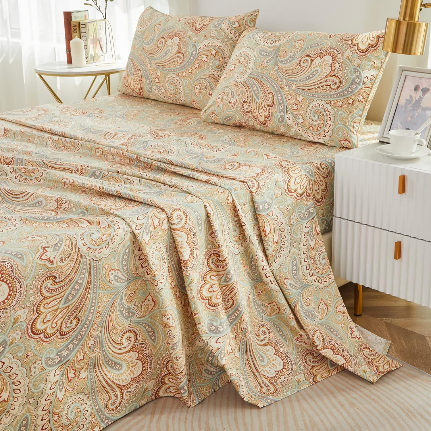 Brandream Paisley Bedding – Juego de sábanas de lujo con temática real, estilo bohemio, 800 hilos, 100% algodón egipcio, bolsillo profundo, 4