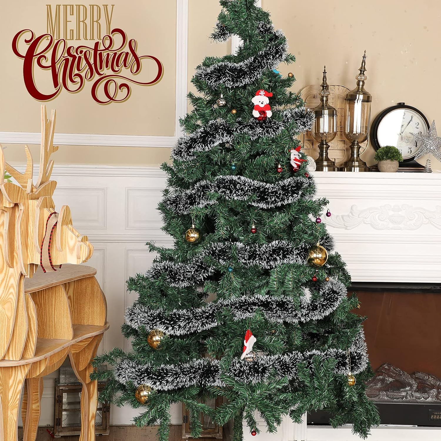 Waydress 2 guirnaldas de oropel verde oscuro para decoración de árbol de Navidad, guirnalda metálica de nieve blanca, serpentinas colgantes para