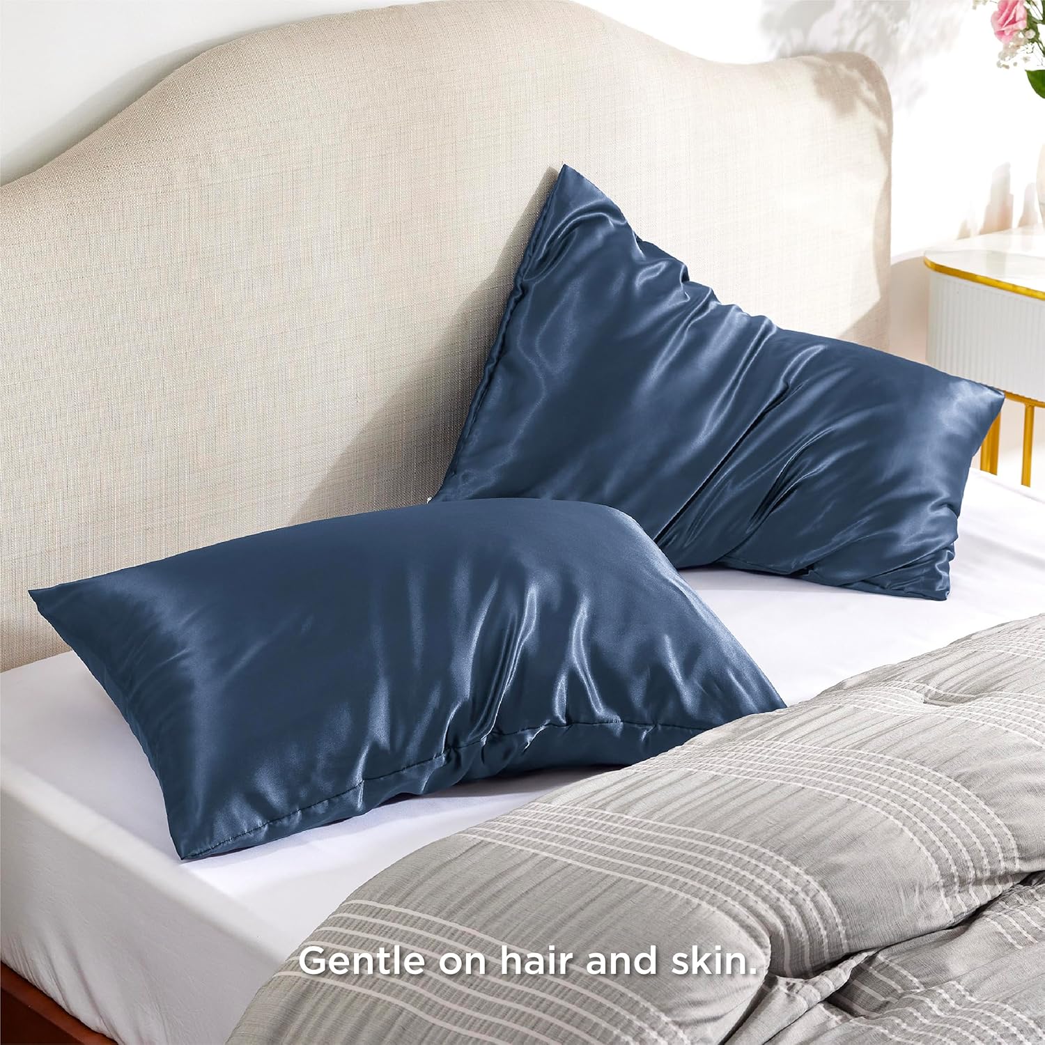 Bedsure Funda de almohada de satén para el cabello, fundas de almohada de satén de granito azul, tamaño estándar con cremallera 2, similar a las