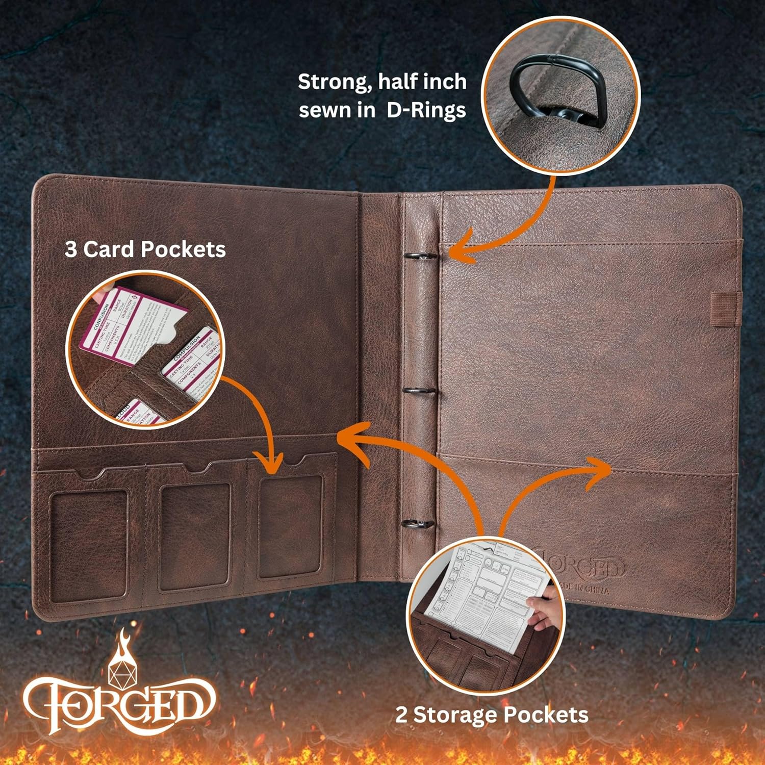 Forged Dice Co. Game-Folio – Carpeta de piel sintética, carpeta de juegos para hojas de personajes DND con organizador de tarjetas hechizas DND y
