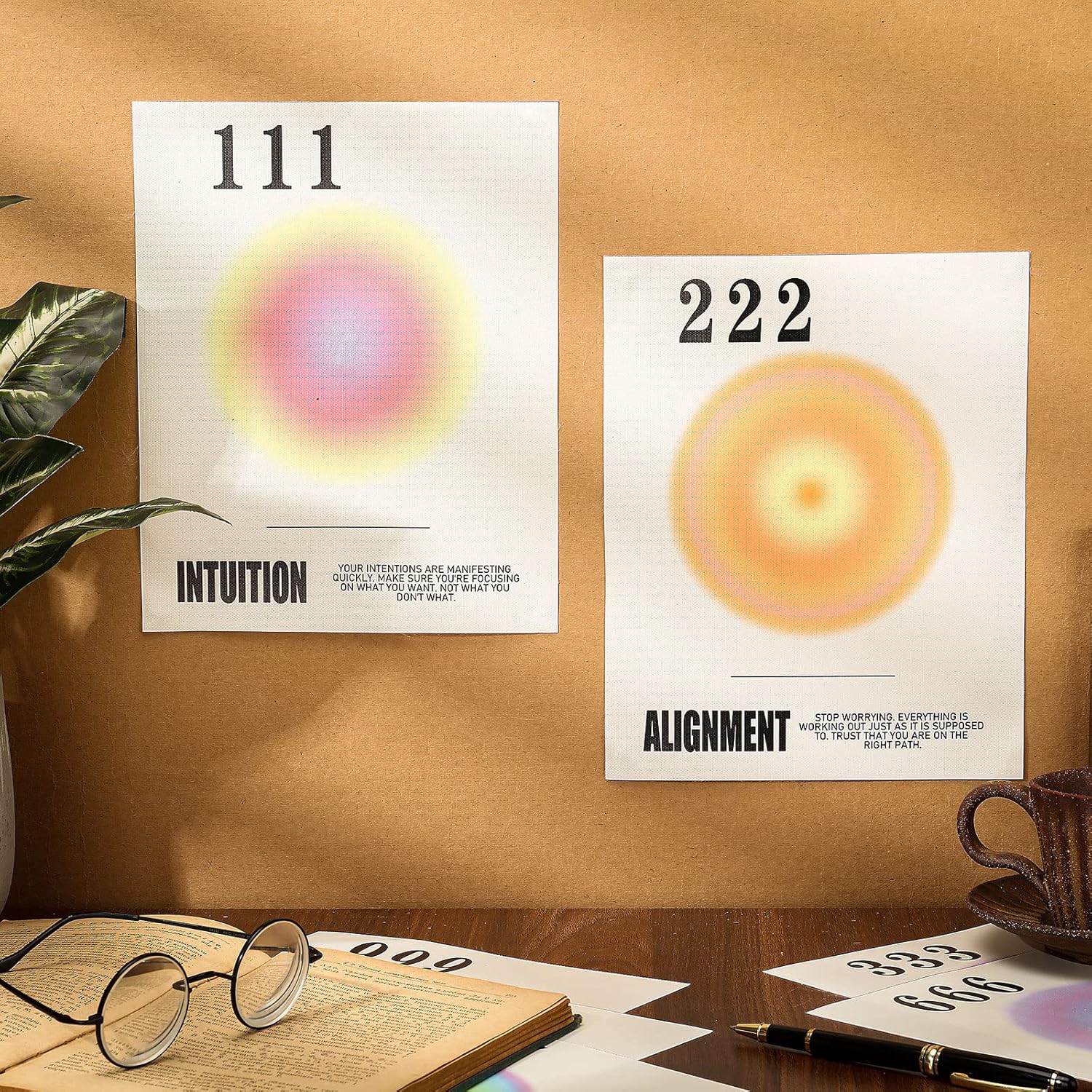 Juego de 9 pósteres con números de ángel Aura, estético, minimalista, positivo, afirmación positiva, inspirador, póster para habitación, lienzo