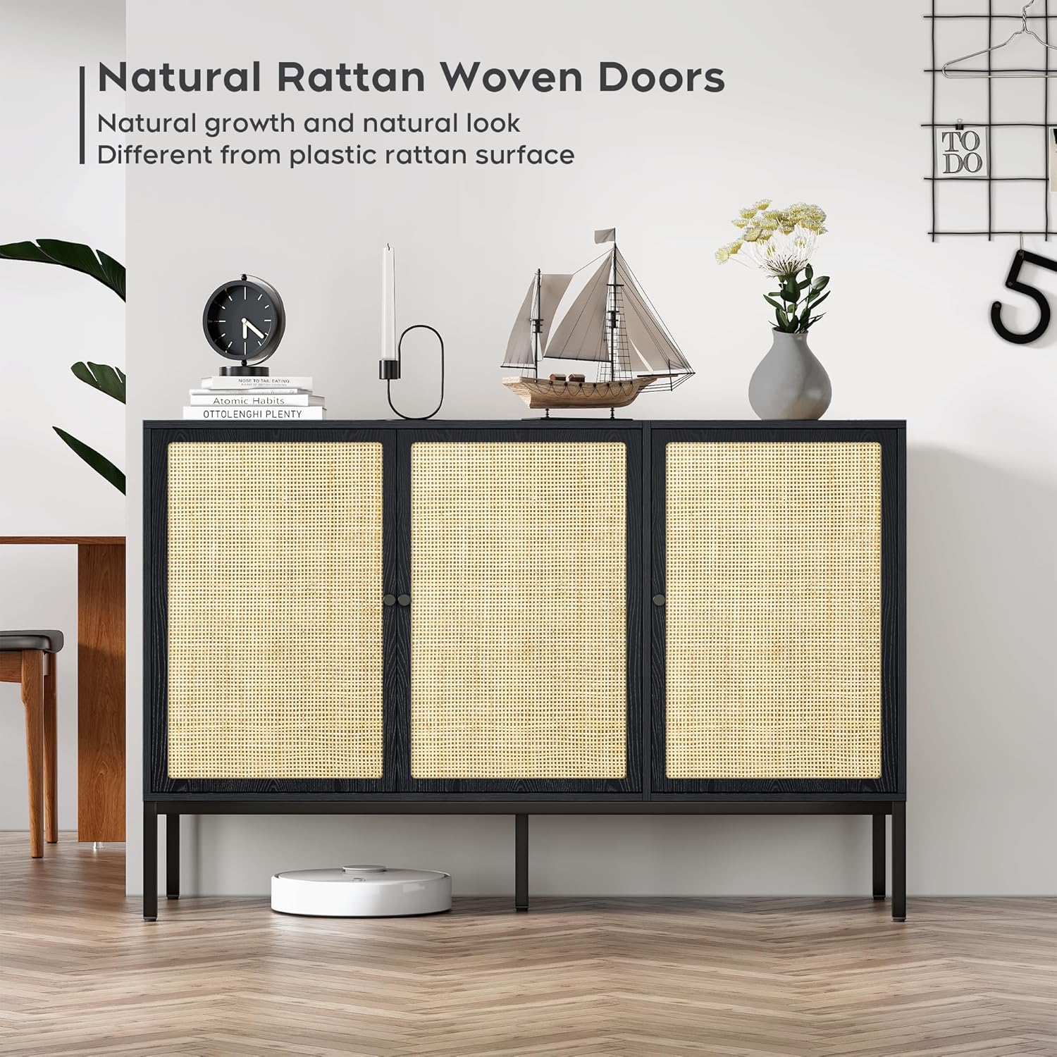 Brafab Mueble de ratán para almacenamiento, mesa de buffet, consola para sala de estar, entrada, cocina, comedor, 3 puertas, color negro