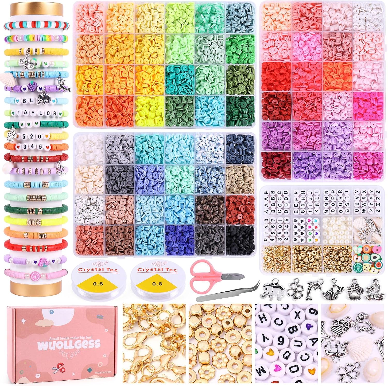 Kit de 15130 cuentas de arcilla para hacer pulseras, 72 colores de polímero Heishi planas para hacer joyas con dijes, kit de pulsera de la amistad