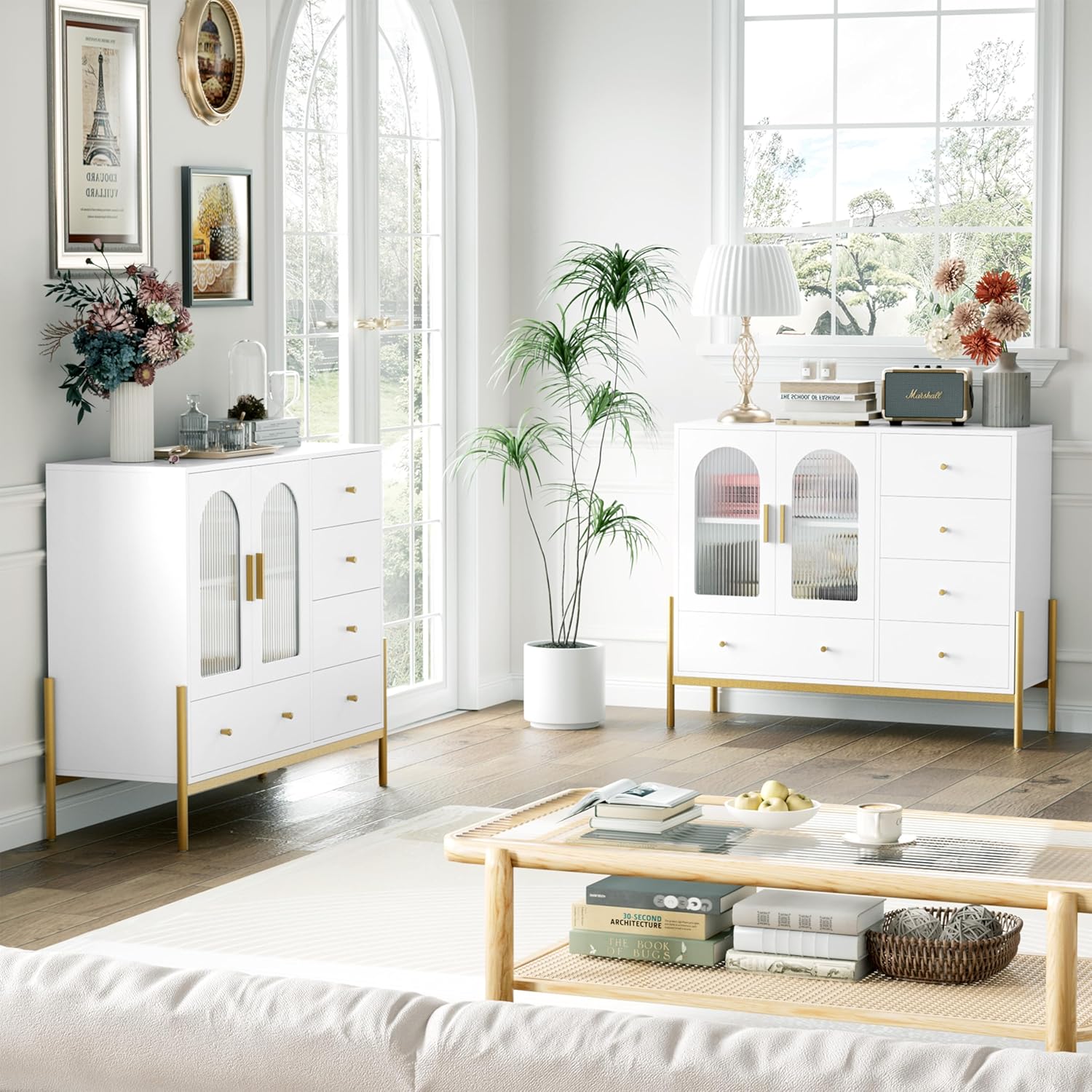 Aparador de buffet con almacenamiento, aparador de buffet, gabinete de barra de café con puertas de vidrio estriado y patas doradas, armarios de