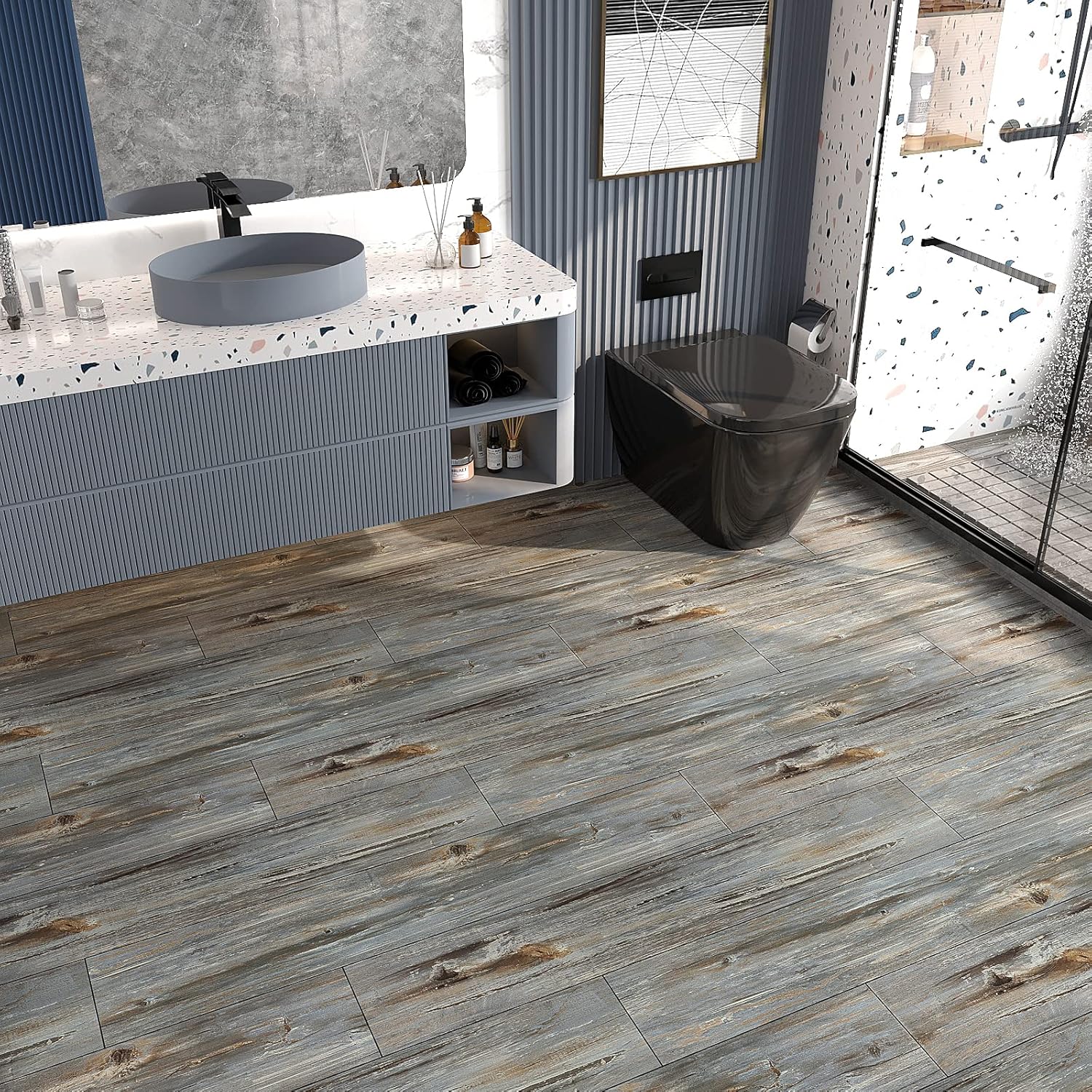 VEELIKE Paquete de 12 pisos de vinilo de madera reciclada azul de 6 x 36 pulgadas, despegar y pegar, impermeable, aspecto de madera, tablones de