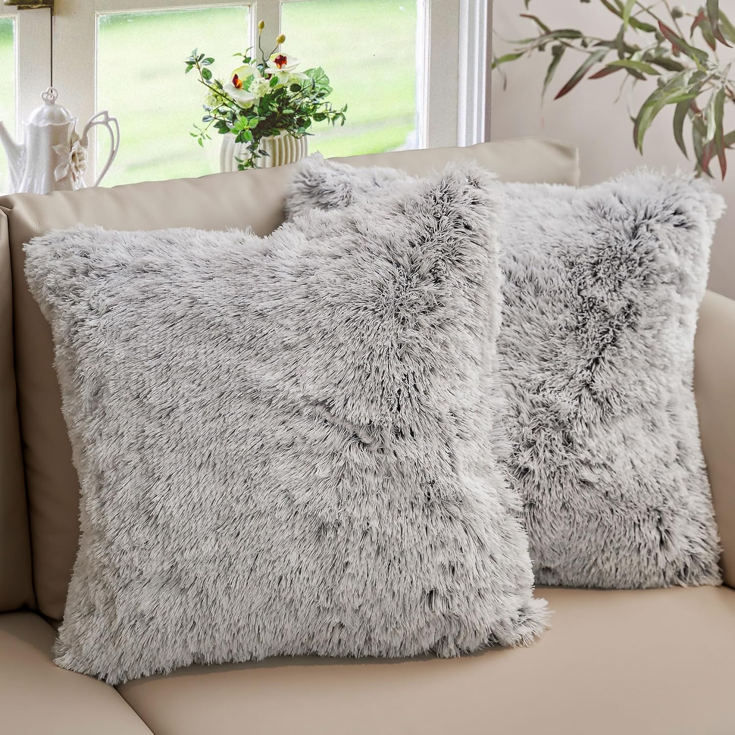 Cheer Collection Juego de 2 almohadas de pelo largo lanudo  Almohadas de piel sintética súper suaves para sofá y cama, lavables a máquina, 20 x 20