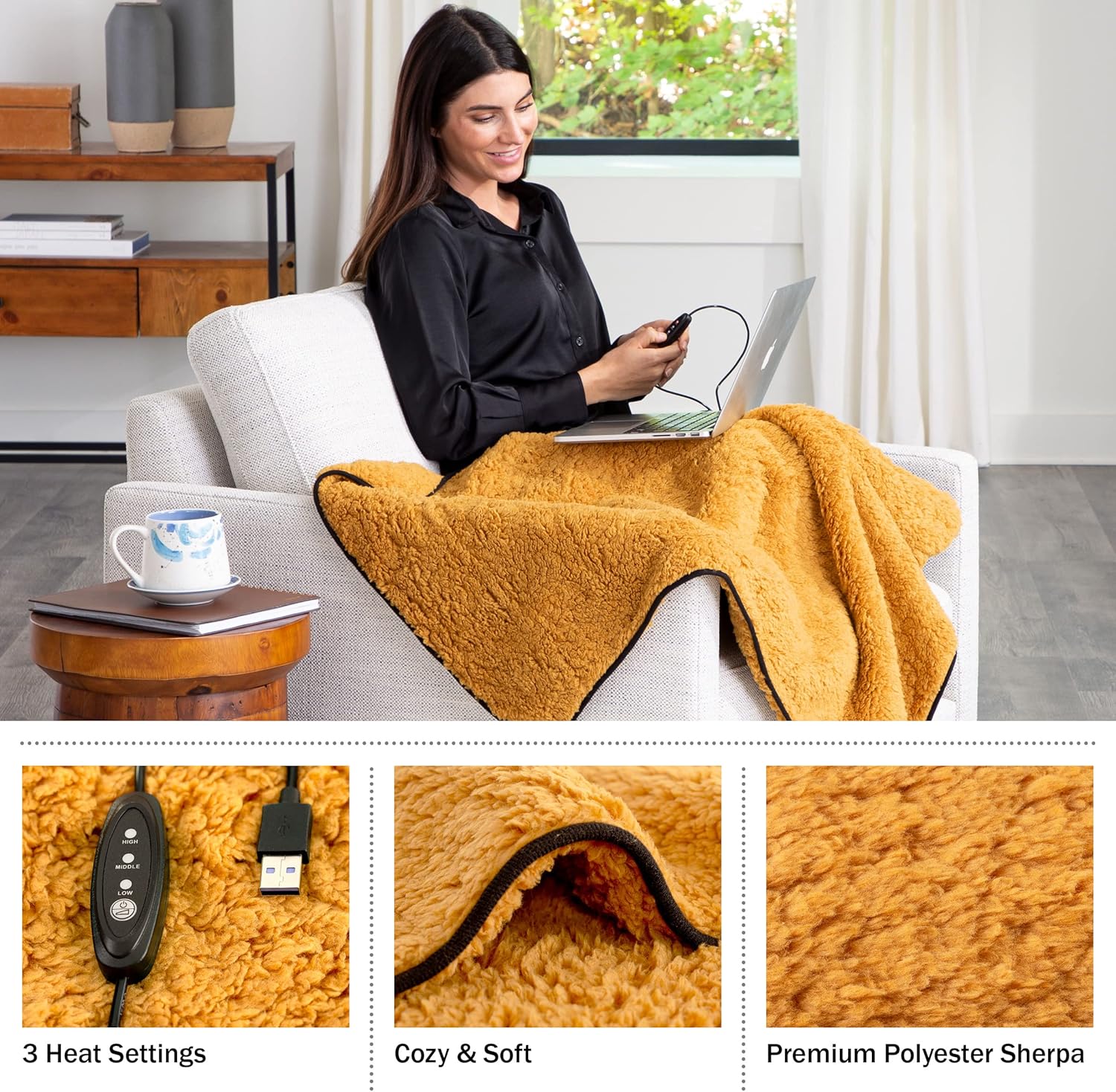 Stalwart Paquete de 2 mantas térmicas de sherpa alimentadas por USB para viajes, hogar, oficina o campamento, accesorios de invierno para automóvil