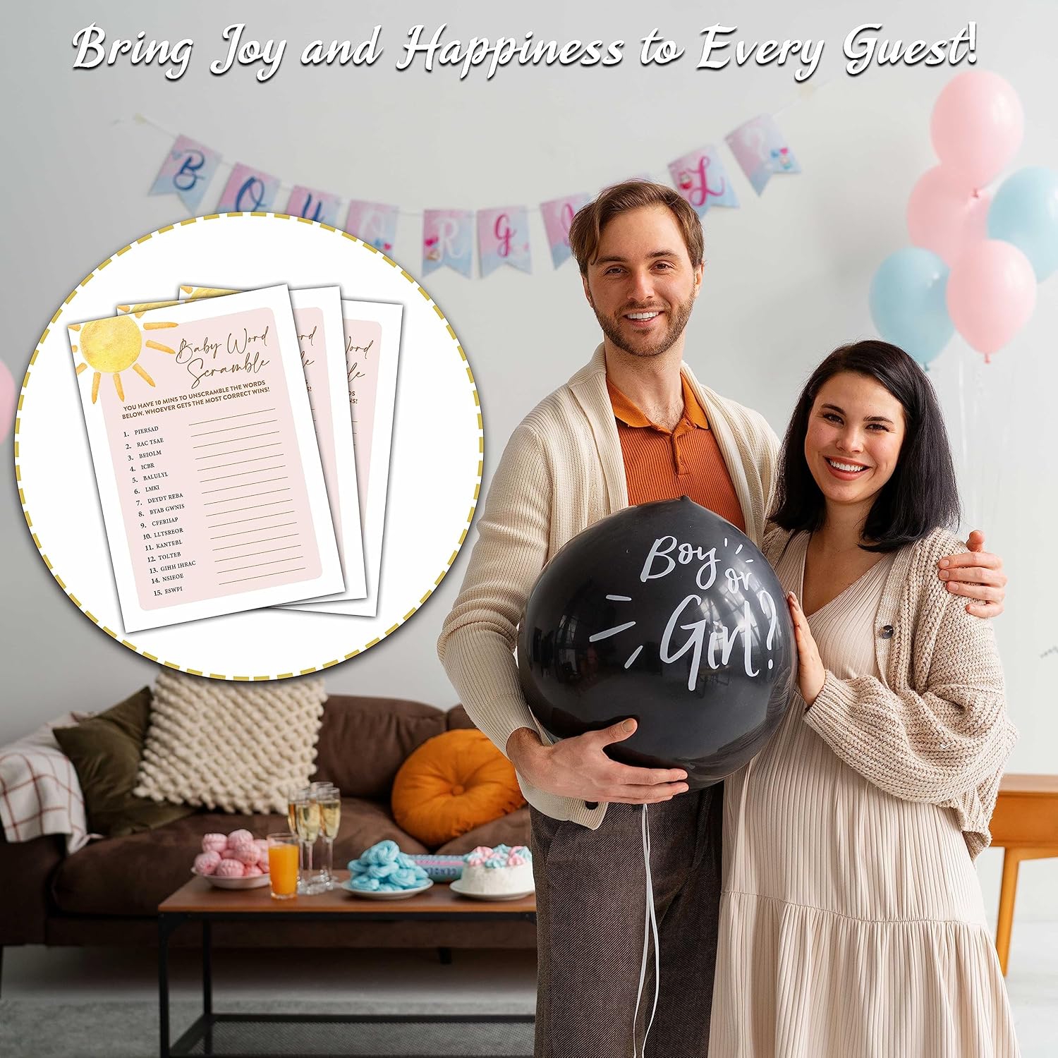 Boho Sunshine – 30 tarjetas de juego de palabras para bebé con 1 tarjeta de respuesta, suministros de fiesta de revelación de género (5 x 7