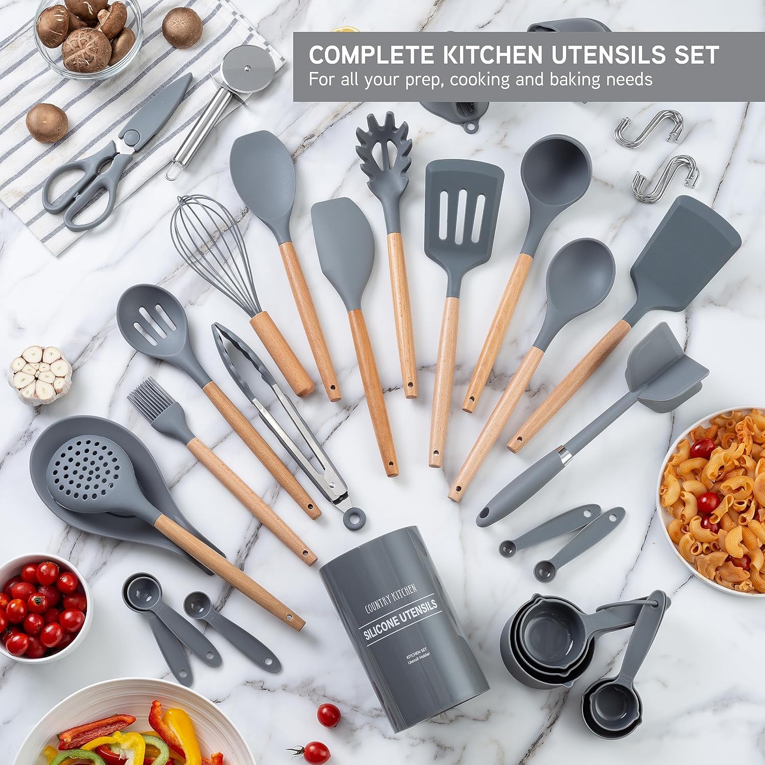 Country Kitchen Juego de utensilios de cocina  Juego de 38 espátulas de silicona antiadherentes con soporte, asas de madera y utensilios resistentes