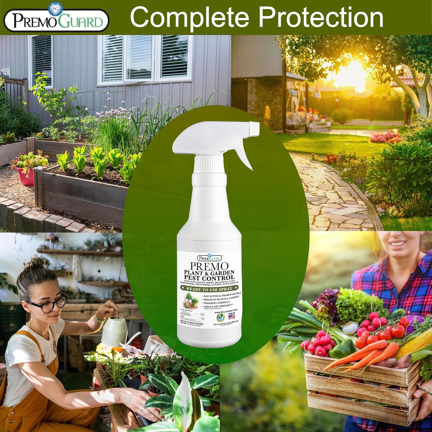 Premo Guard – Spray para control de plagas para plantas y jardines, 32 onzas, mata pulgones, ácaros, mosquitos, moscas blancas, escarabajos, orugas