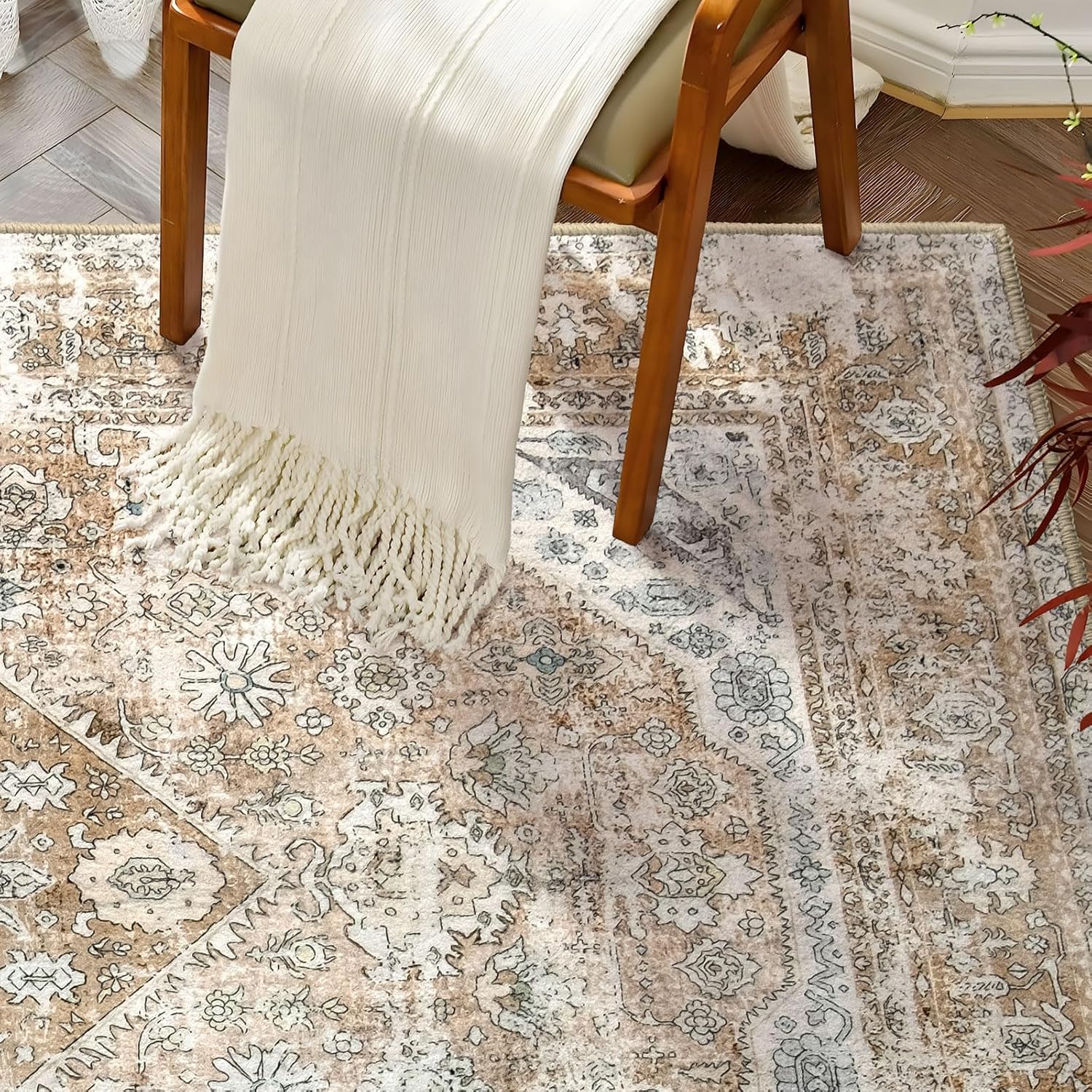 MUJOO Alfombra pequeña de estilo bohemio, lavable, color beige, para dormitorio, entrada, antideslizante, para baño, guardería, puerta, ducha,