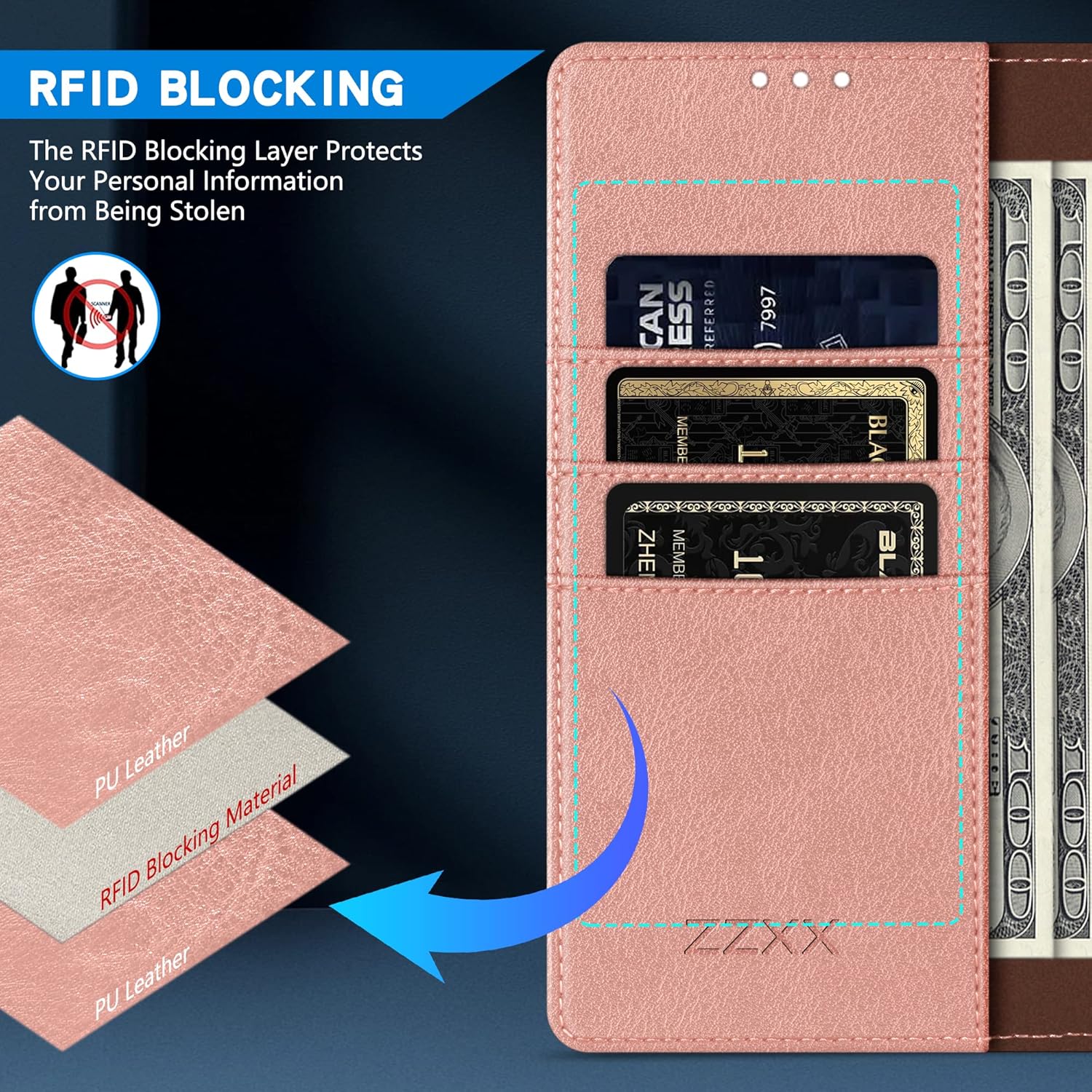 ZZXX Funda tipo cartera para Samsung Galaxy A54 5G con bloqueo RFID, ranura para tarjetas, función atril, cierre magnético, funda protectora de