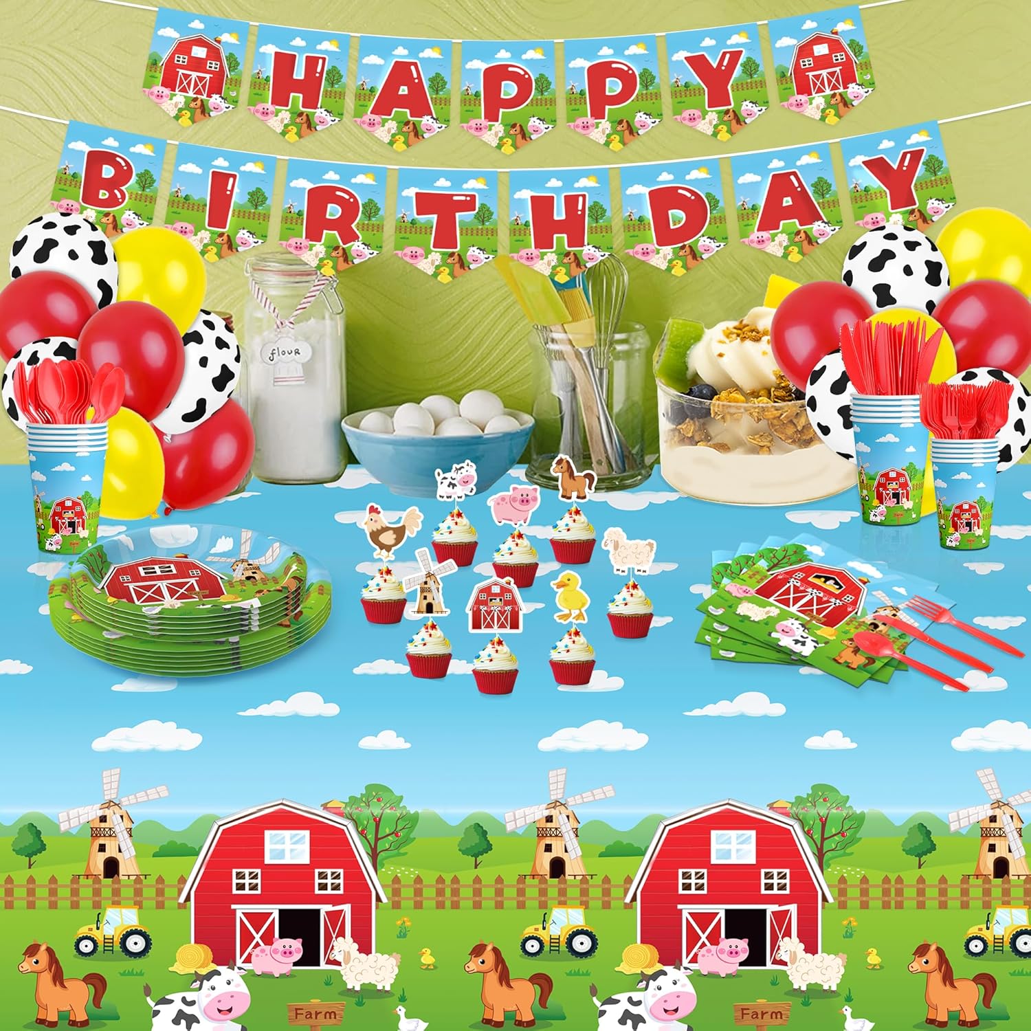 218 piezas de suministros para fiesta de cumpleaños de granjero, animales de granja, decoraciones de fiesta de cumpleaños, platos de granja,