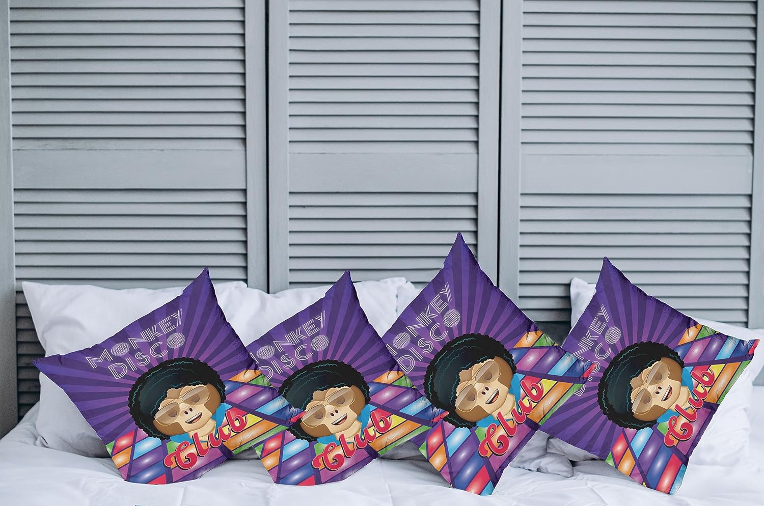 Ambesonne Emoji – Juego de 4 fundas de almohada decorativas, diseño de mono disco retro, divertido personaje de simio con pelo afro loco, funda de