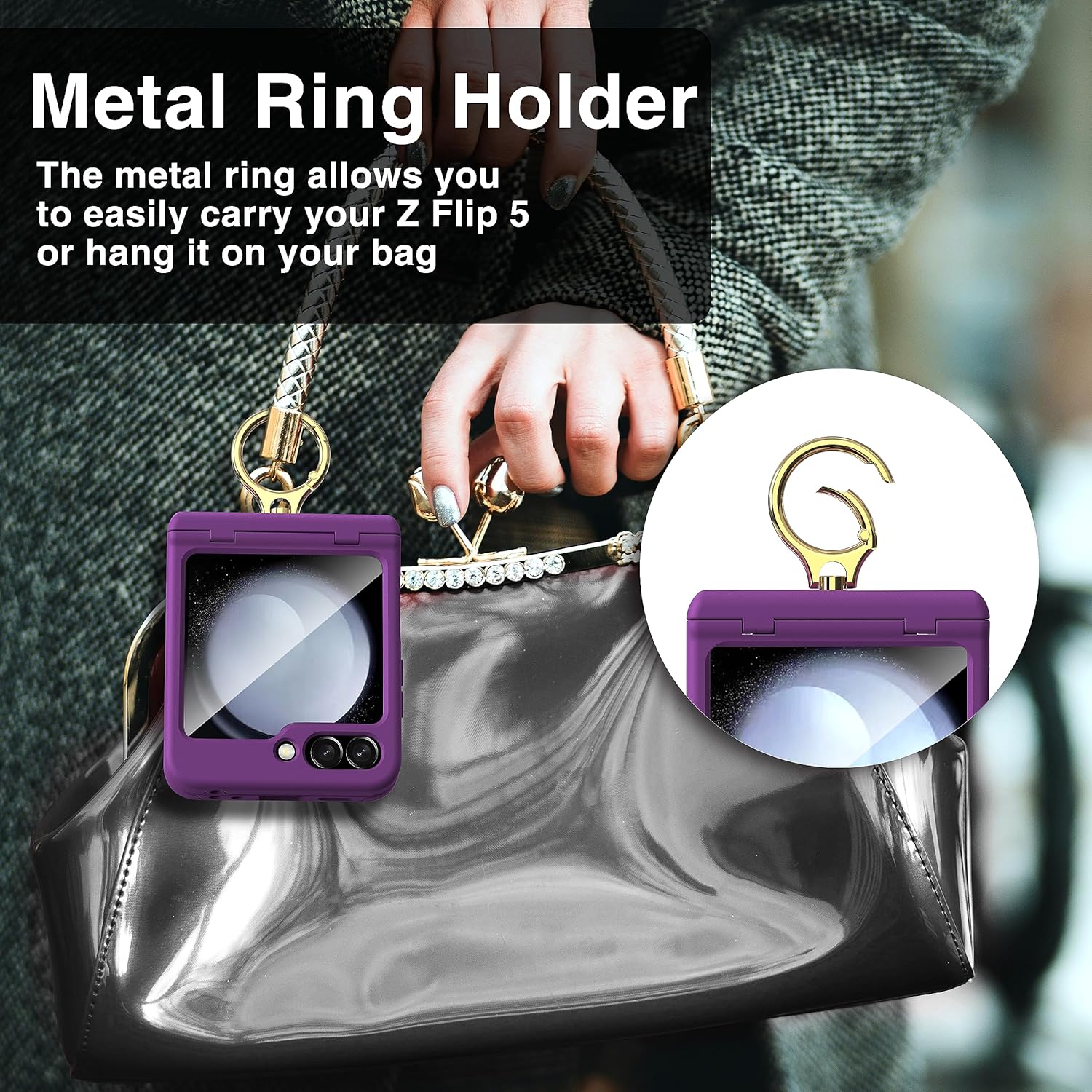 Funda para Galaxy Z Flip 5 con soporte de anillo, protección de bisagra, protector de pantalla de policarbonato duro, protección de cuerpo completo,