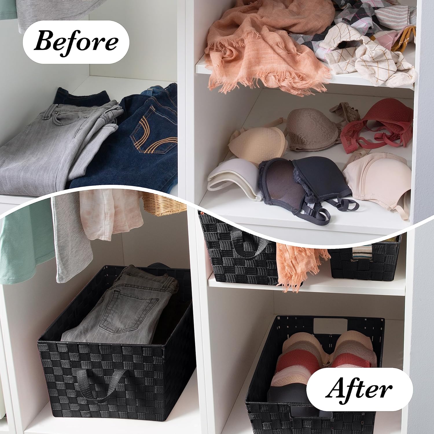 Simplify Bolso grande con correa tejida para estante  Cesta de almacenamiento decorativa  Asas integradas  Organización  Armario  Dormitorio  Baño