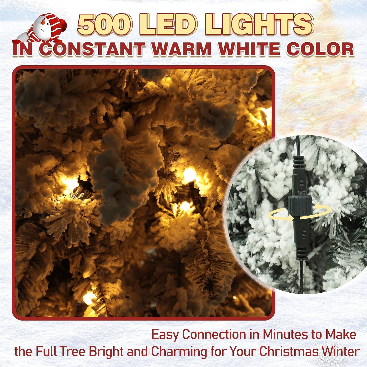MUPATER Árbol de Navidad artificial de 8 pies, preiluminado con nieve flocada y soporte de metal, luces blancas cálidas, decoración navideña para el