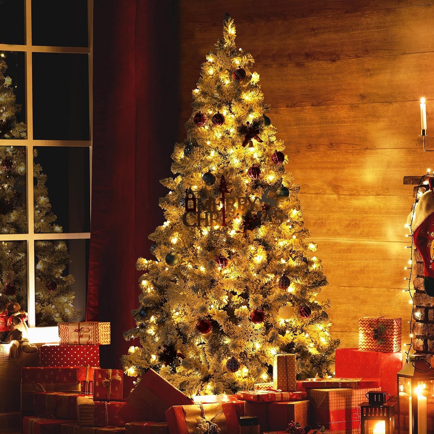 MUPATER Árbol de Navidad artificial de 8 pies, preiluminado con nieve flocada y soporte de metal, luces blancas cálidas, decoración navideña para el
