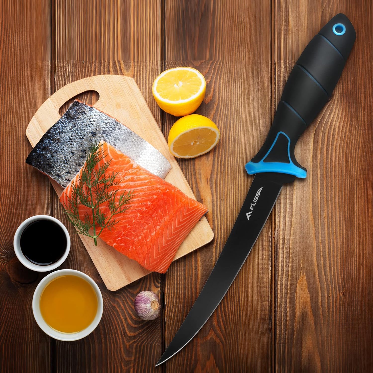 FLISSA Cuchillo de filete y cuchillo de cebo, cuchillo de filete de pescado de 7 pulgadas con funda protectora y cuchilla afilada de acero