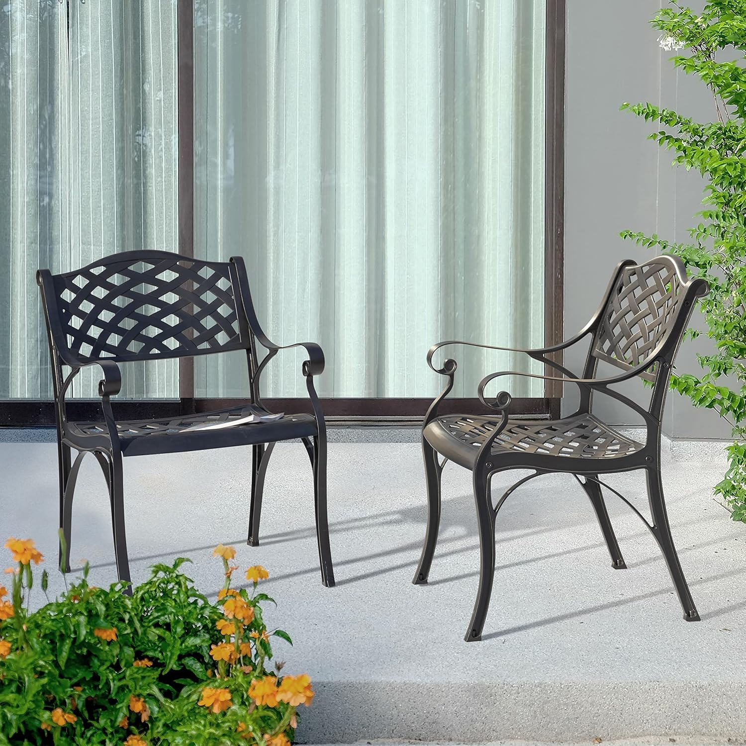 NUU GARDEN Juego de 2 sillas de comedor de aluminio, para interiores y exteriores, con brazos para jardín, patio, porche, color negro con motas