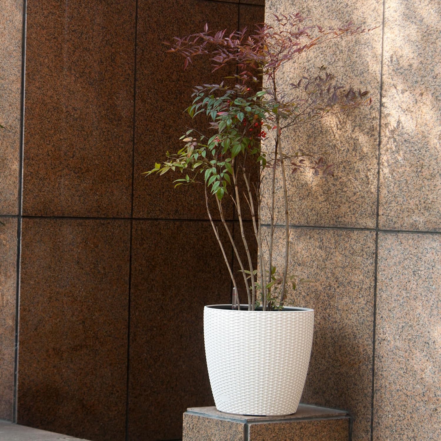 Maceta de ratán de 15 x 14 pulgadas con ruedas para interiores y exteriores, diseño de maceta interior, maceta gruesa de pie con indicador de nivel