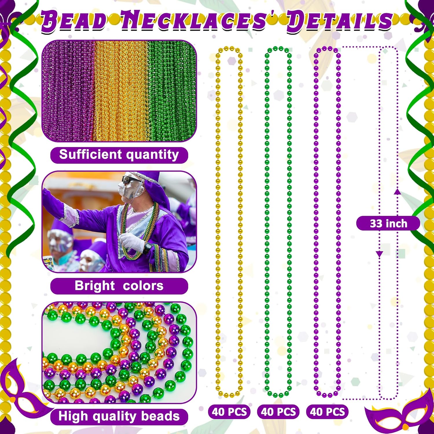 120 cuentas de Mardi Gras, collar de cuentas de 33 pulgadas, accesorios de Mardi Gras morado, dorado y verde, collares de disfraz de fiesta, mantas