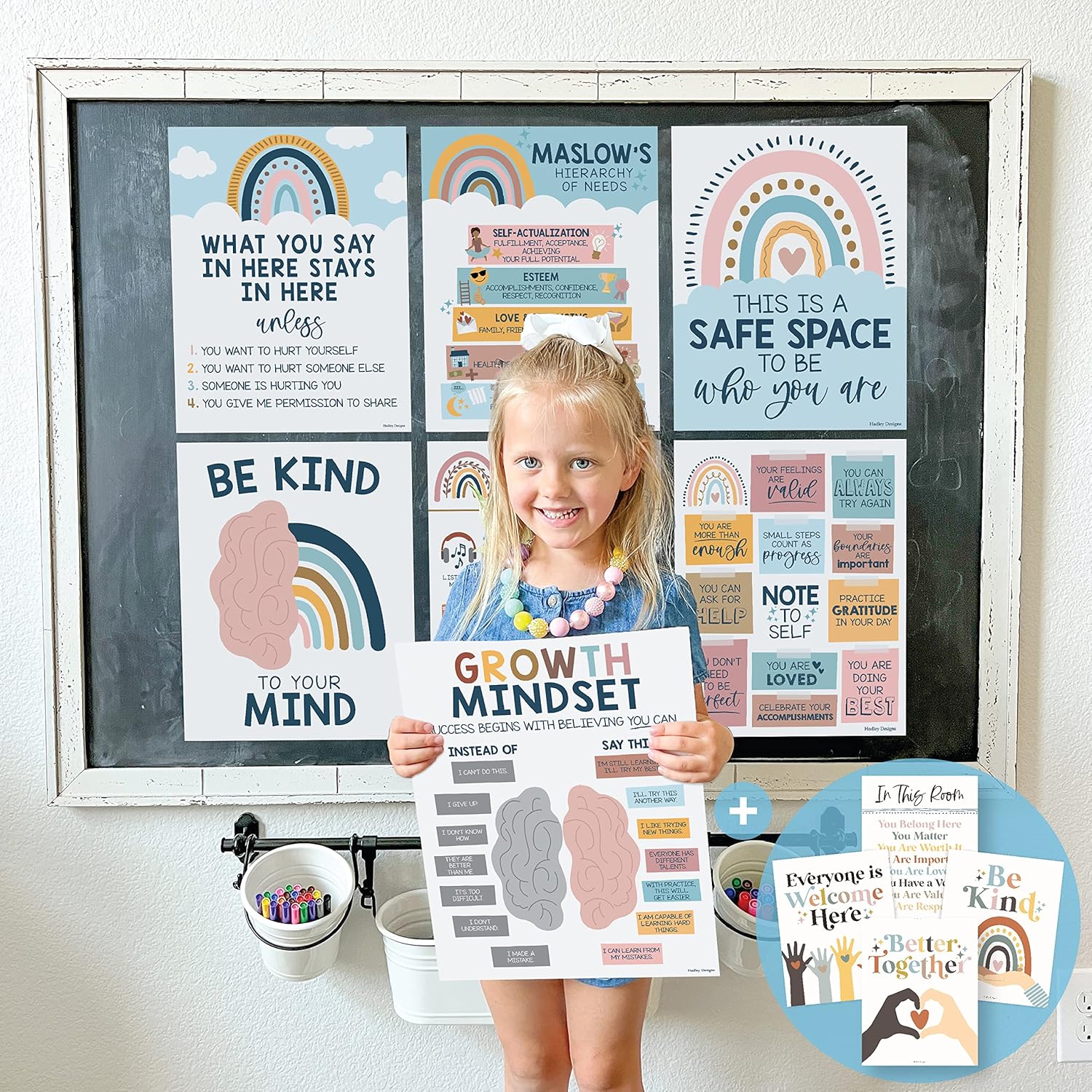 9 pósteres bohemios de salud mental arcoíris para aula primaria, 6 carteles de diversidad para decoración de aula para profesores, rincón tranquilo,