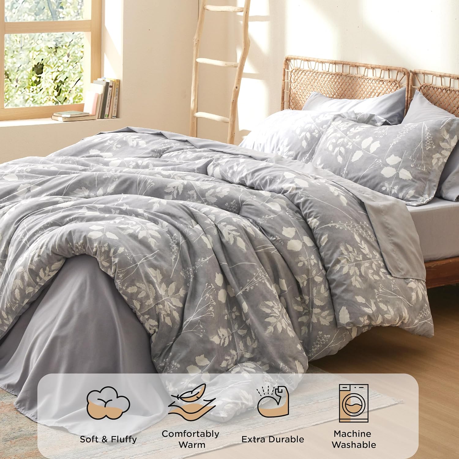 Bedsure Juego de edredón King  7 piezas de ropa de cama gris floral en una bolsa con edredón reversible de flores botánicas, sábanas, fundas de