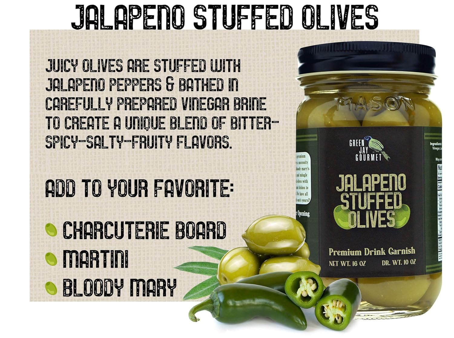 Green Jay Gourmet Aceitunas rellenas de jalapeño – Aceitunas verdes rellenas para recetas de guarnición de cóctel y tabla de queso – Aceitunas de