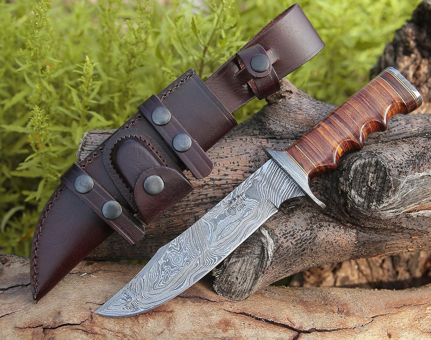 Cuchillo de caza de Damasco, cuchillo Bowie con mango de cuero apilado y funda de 12 pulgadas