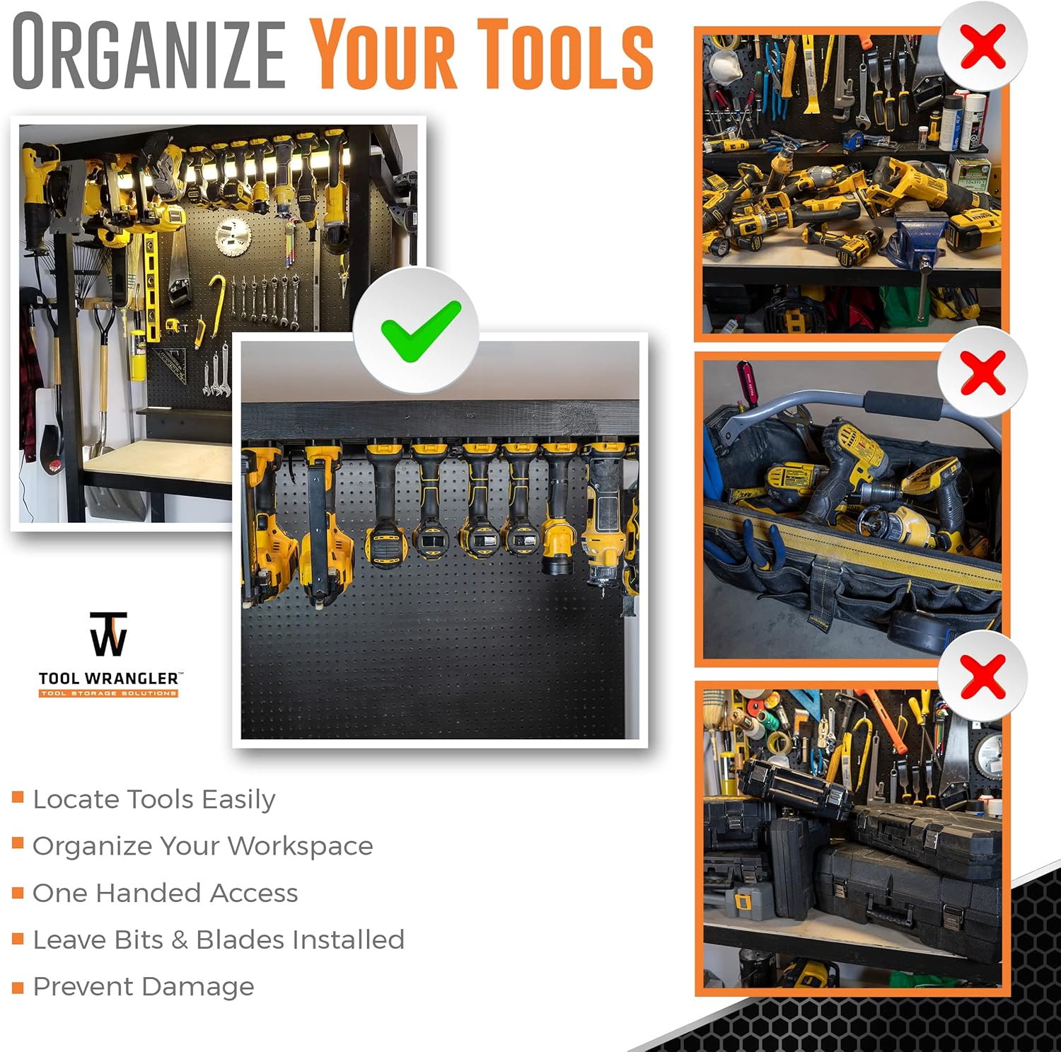 Tool Wrangler Organización para herramientas y baterías Dewalt de 20 V – Negro 8 piezas Combo 5+3  5 portaherramientas Dewalt + 3 soportes de