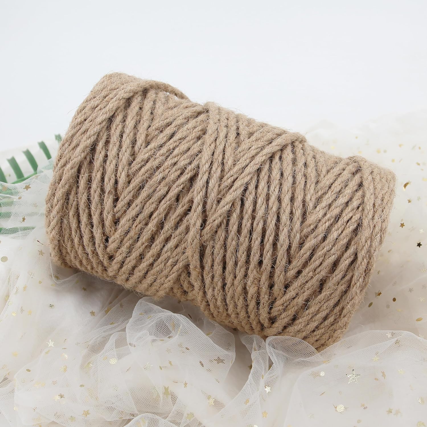 Cuerda de yute de 0.157 in, cuerda trenzada de yute natural de 328 pies, cuerda de yute marrón resistente y gruesa para manualidades, jardinería,